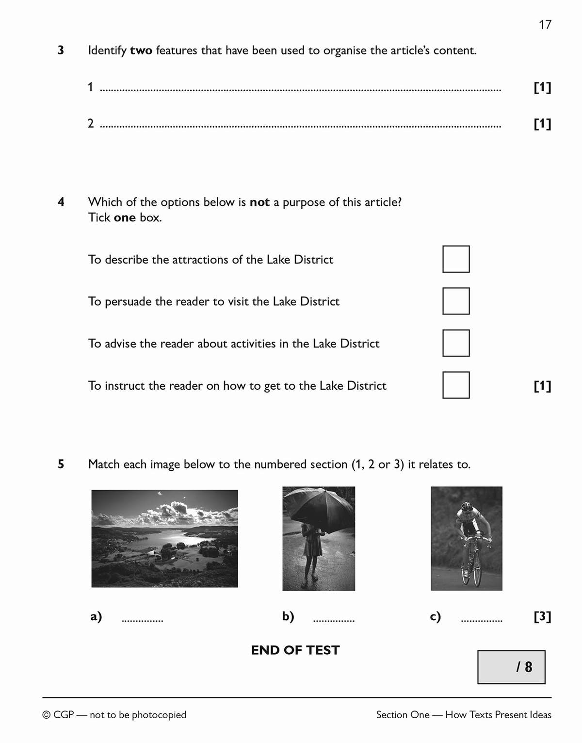 The final page of a test with three questions on text organisation, purpose, and matching images to sections