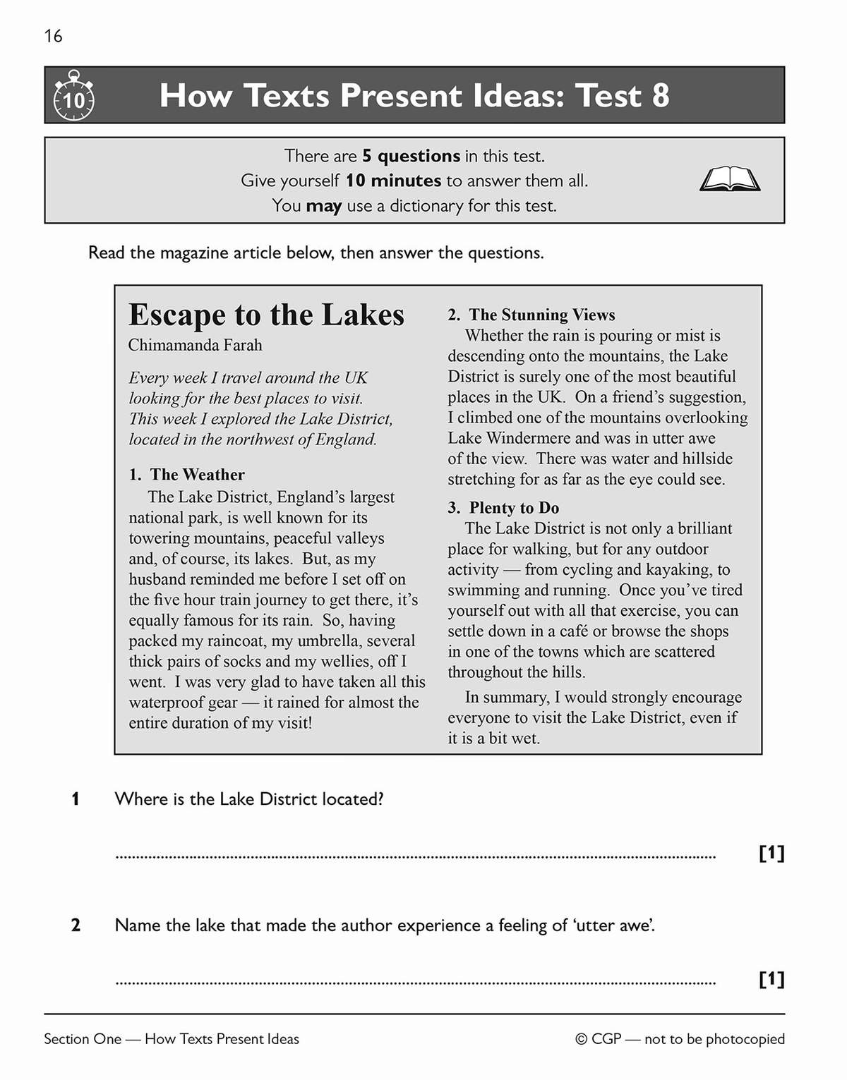 A timed reading test where children read an article about the Lake District and answer two short questions