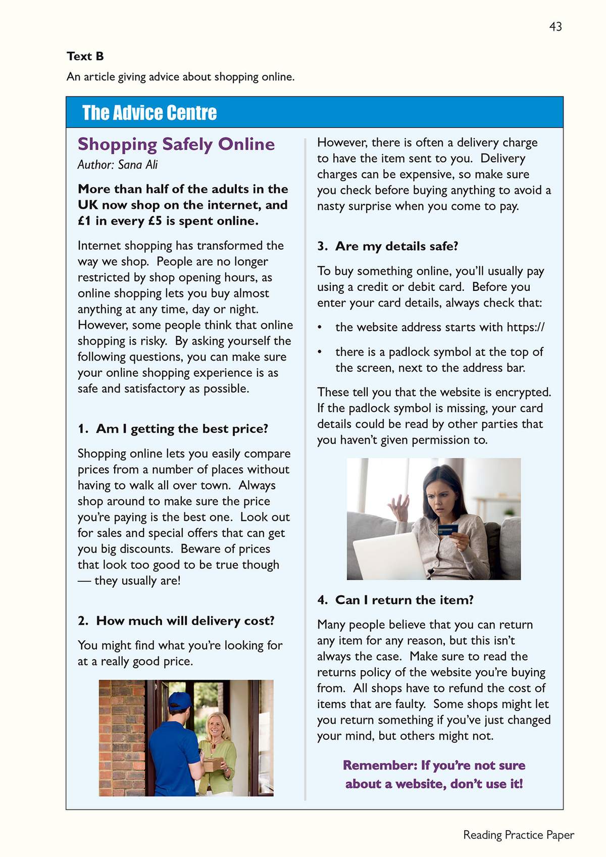 A reading passage about online shopping safety, with advice on prices, delivery costs, and secure websites
