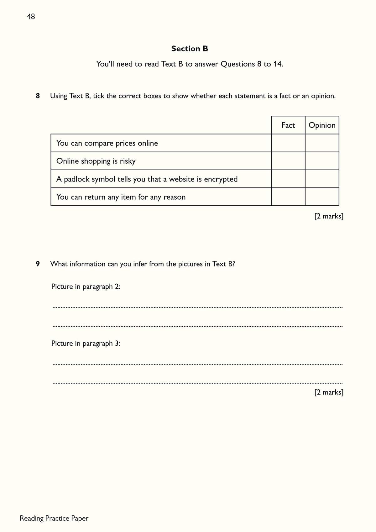 Questions 8 and 9 ask learners to identify facts versus opinions and infer details from unseen text pictures