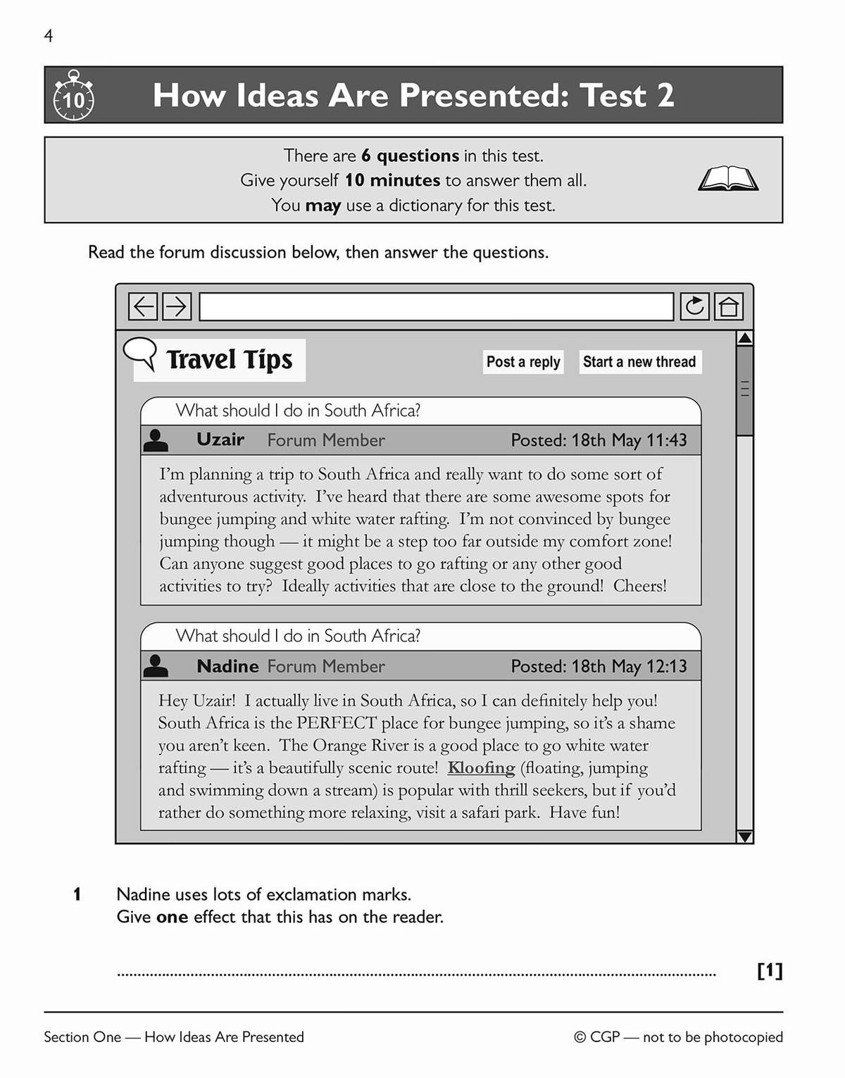 A reading comprehension test based on a forum discussion about South Africa