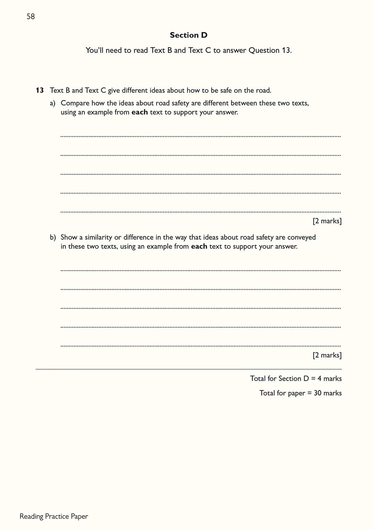 Two short questions ask students to compare and contrast ideas about road safety from two unseen texts
