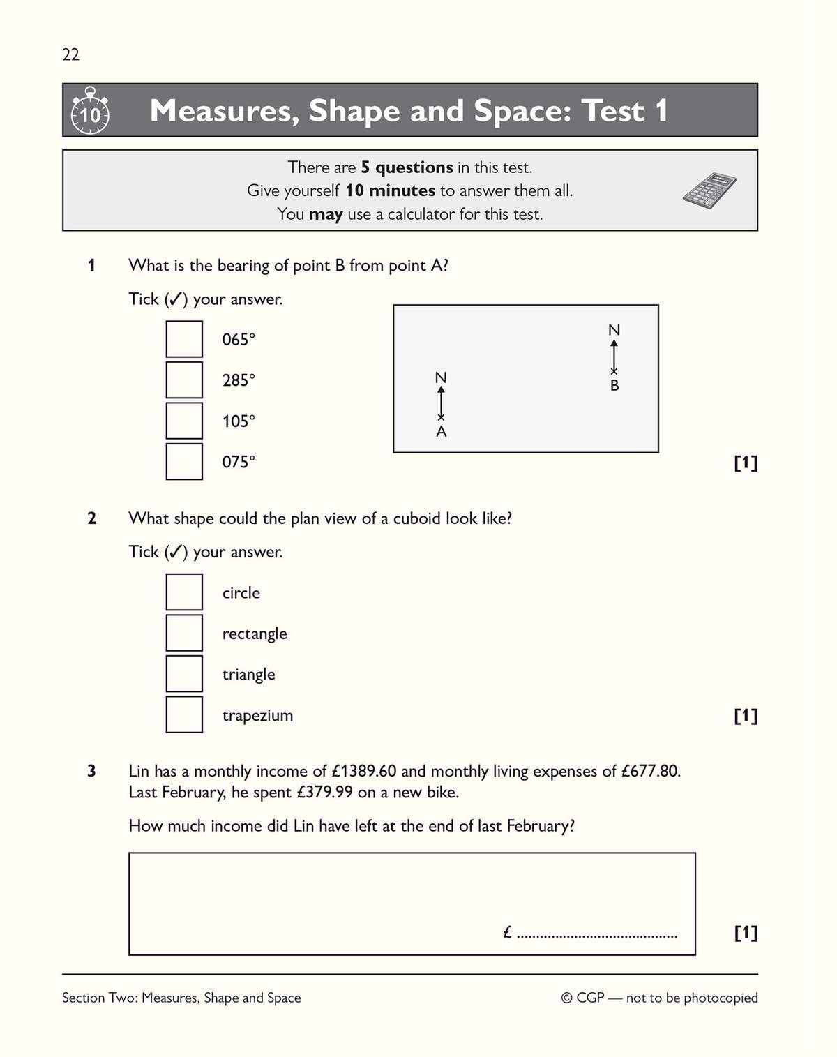 A timed test on measures and shape, including a bearing question, a cuboid plan view