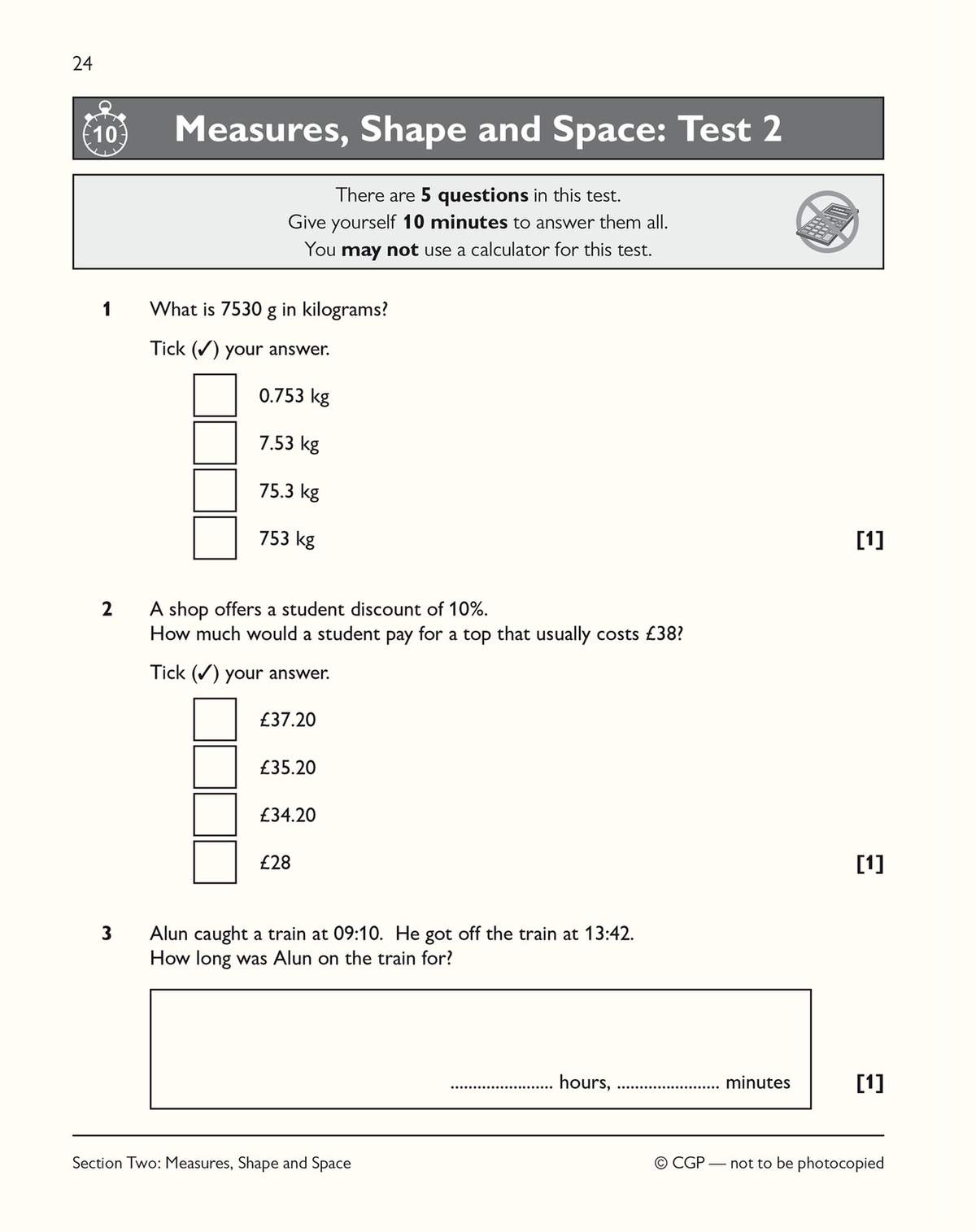 A timed test on measures and space, featuring multiple-choice questions on weight and money, plus a calculation on time