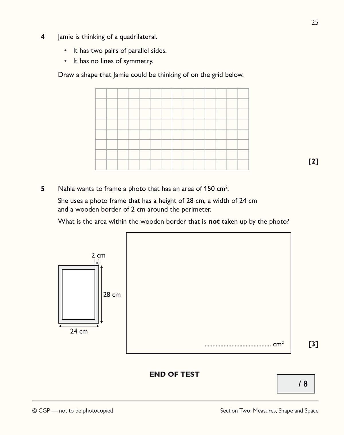 Two maths questions on drawing a quadrilateral and calculating area within a frame, with a grid and a diagram to work on