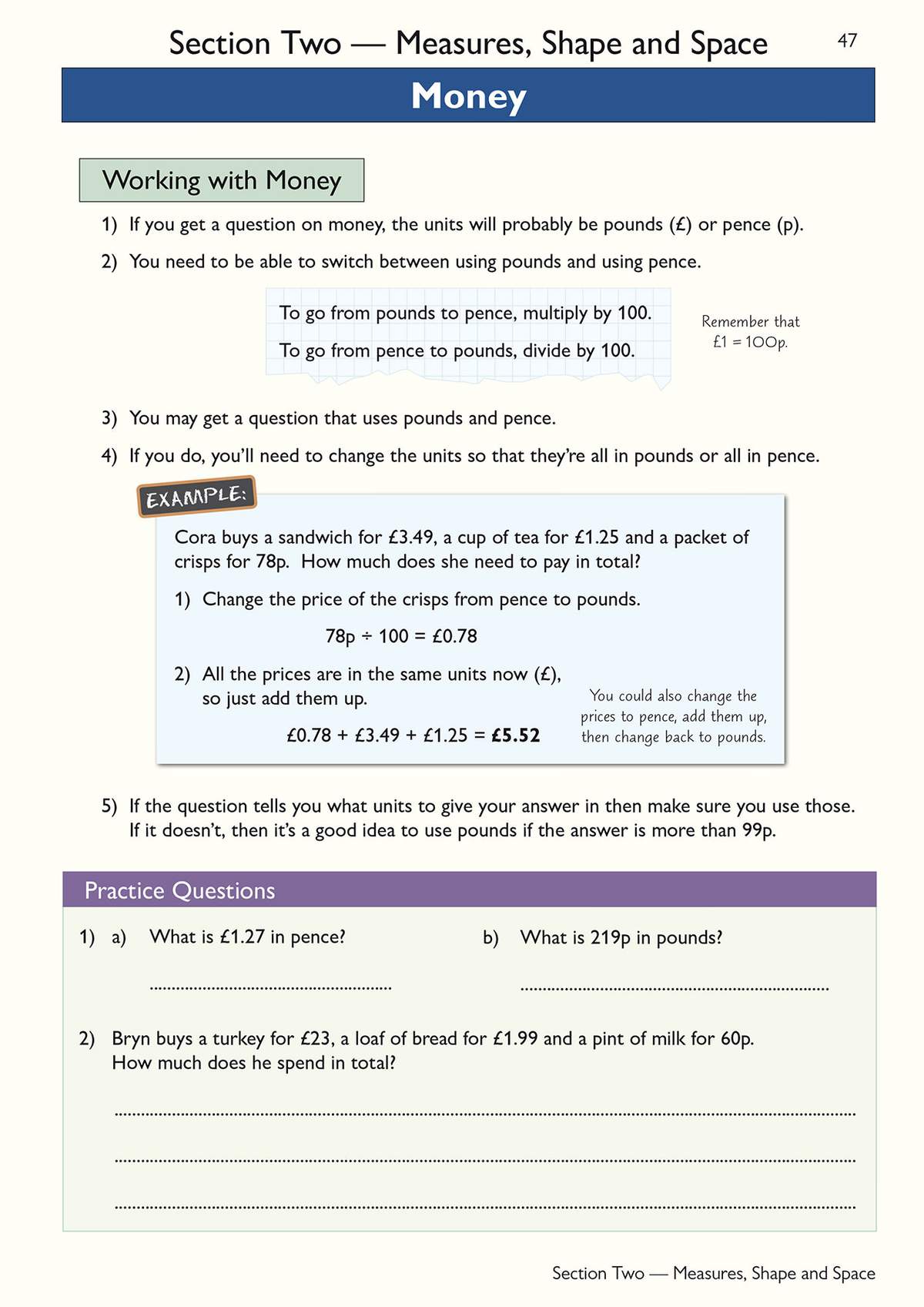 A worked example shows how to convert prices to the same units before adding them up