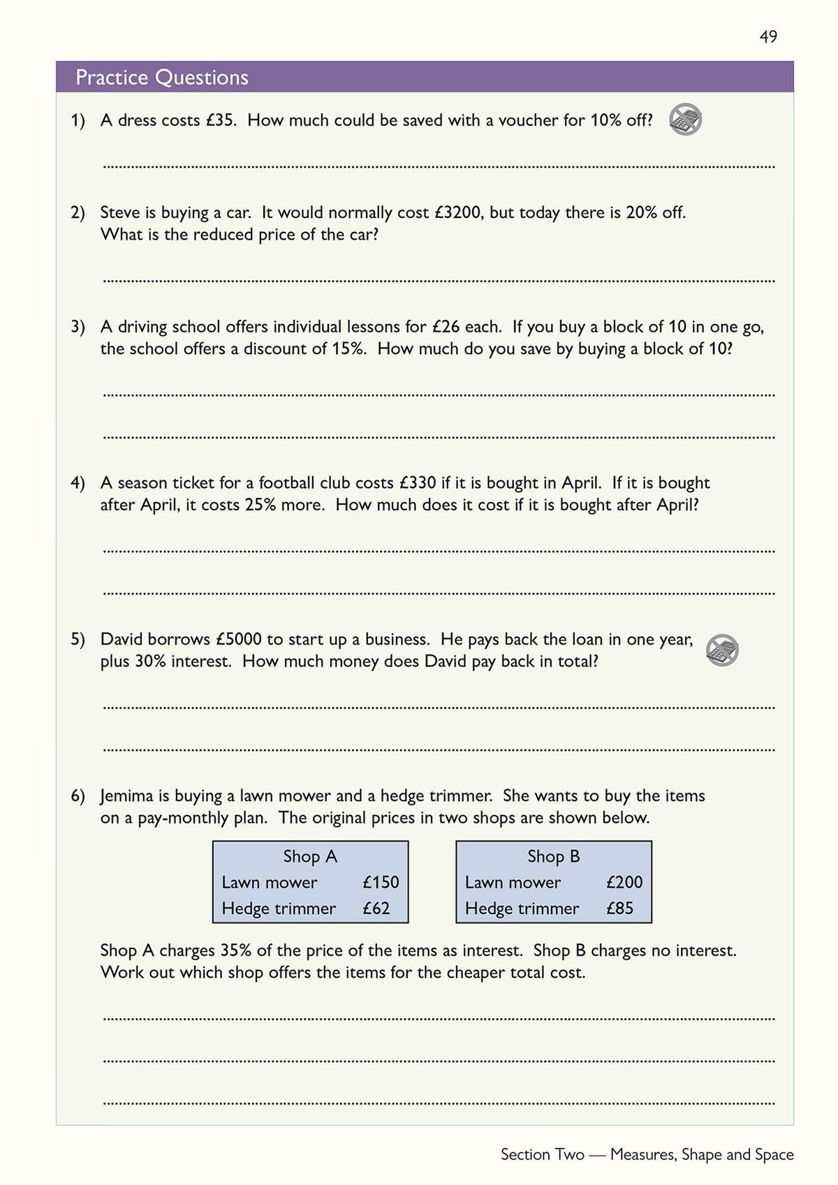 Six word problems on discounts, interest and totals, with dotted lines for written answers