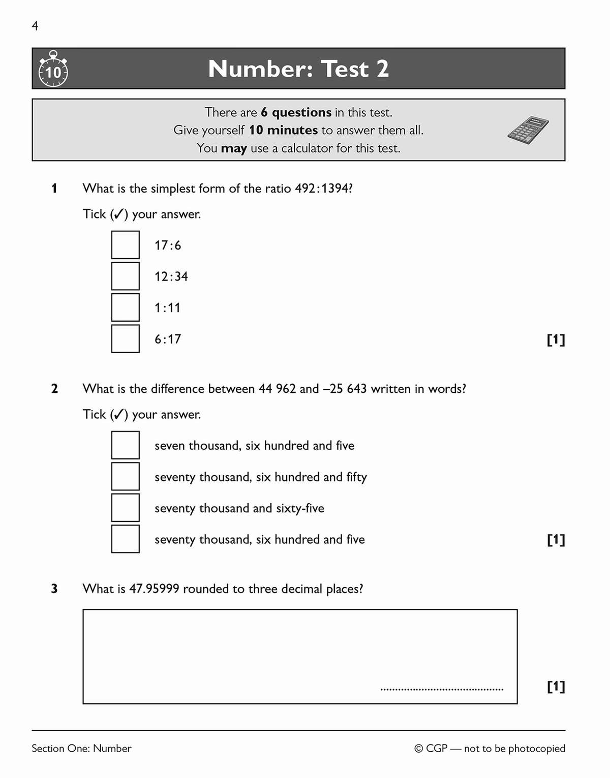 A timed test on number skills, including simplifying ratios, finding differences, and rounding decimals