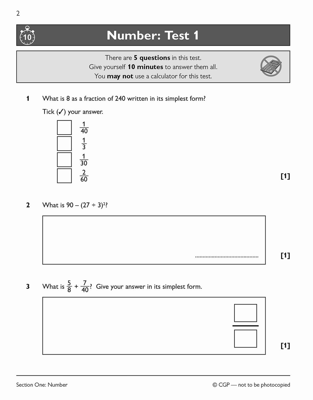 A timed test on number skills, including fractions, order of operations, and addition, with no calculator allowed