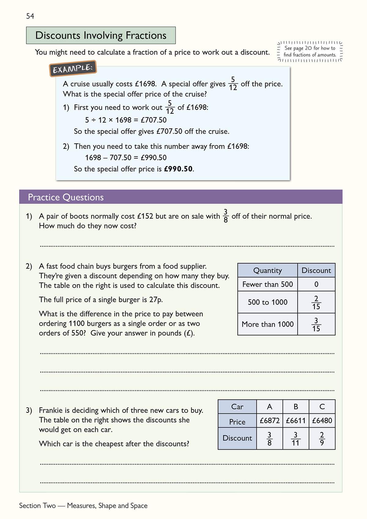 Three practice questions on calculating discounts using fractions, including a worked example and tables to interpret