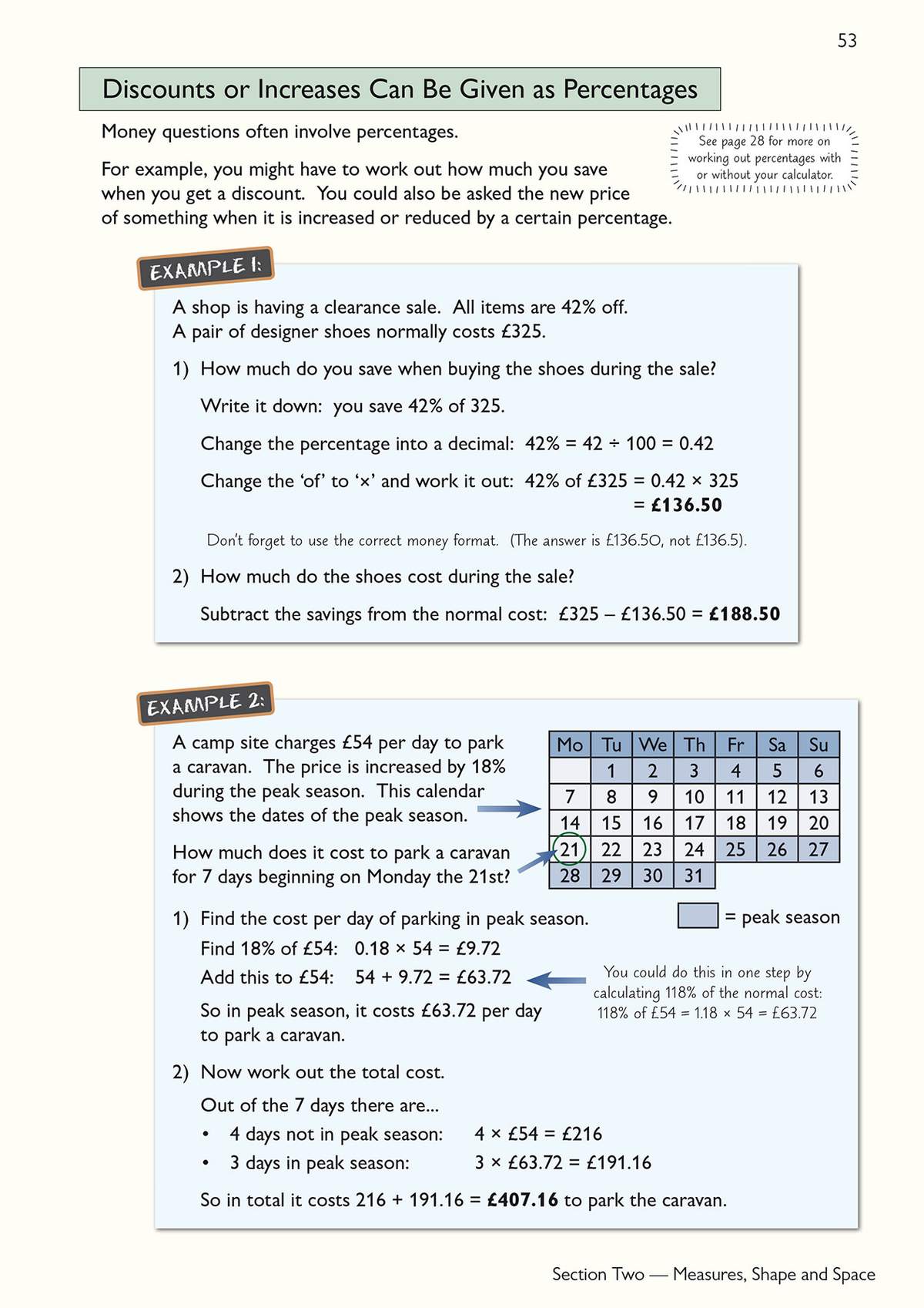 Two worked examples show how to calculate discounts and price increases using percentages