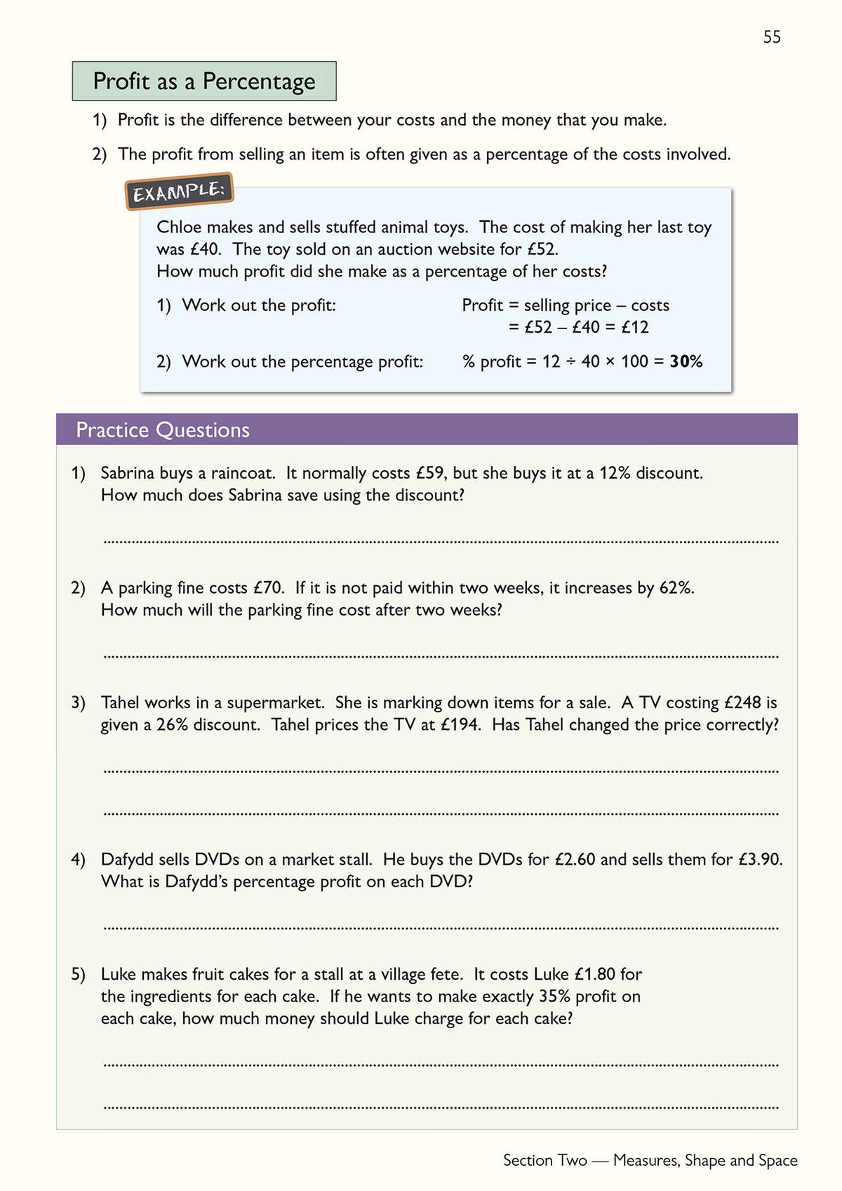 Five practice questions on calculating profit percentages and discounts, with a worked example to guide the learner