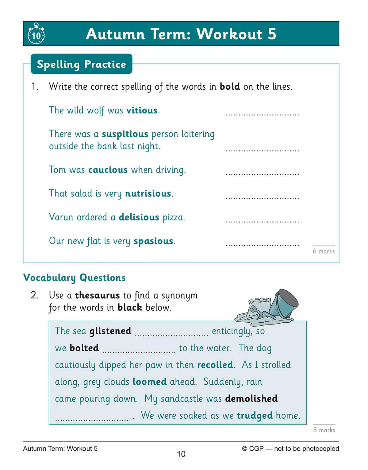 Children correct six misspelled words in sentences and find synonyms for six vocabulary words in a short passage