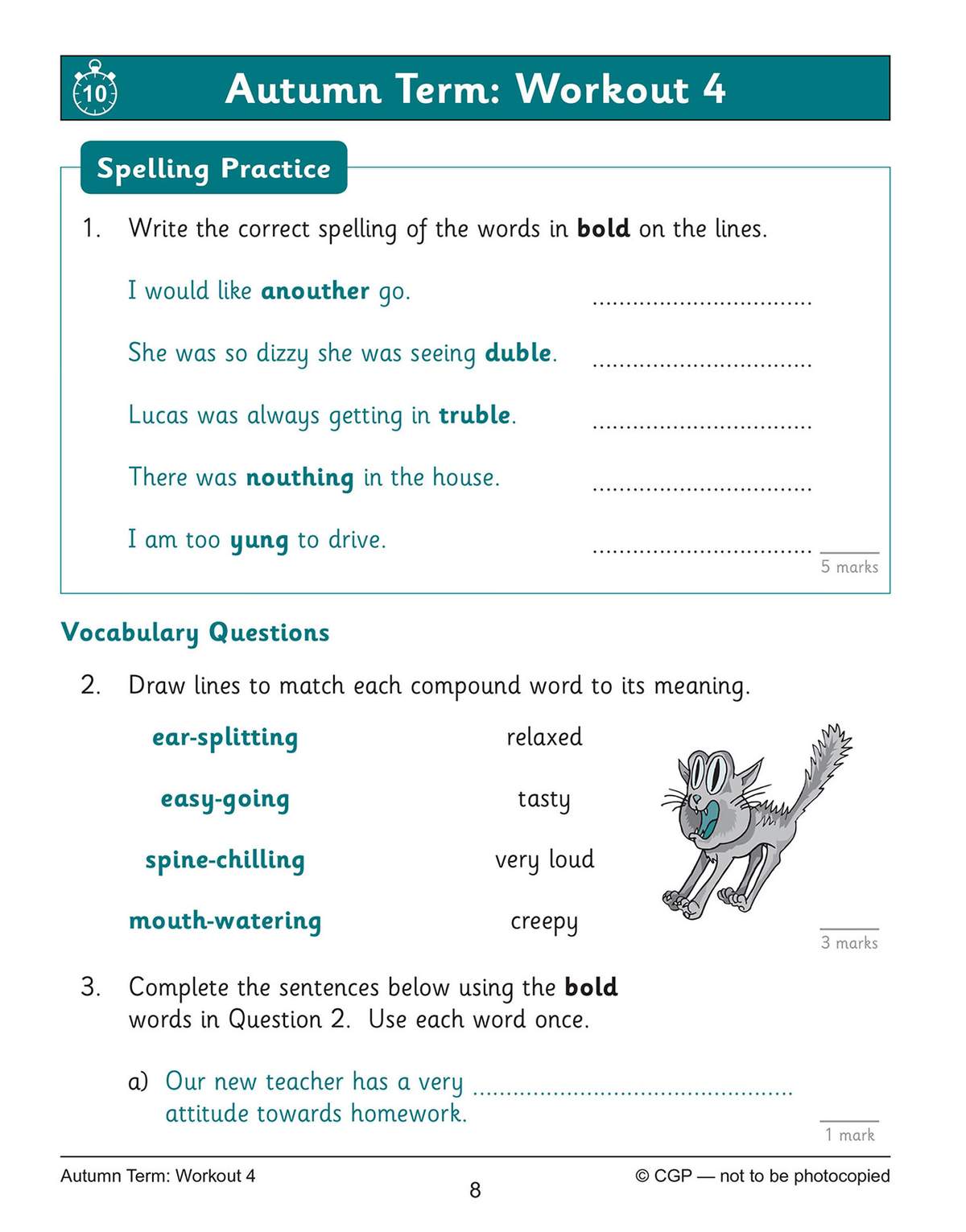 Children correct five misspelled words, match compound words to meanings, and complete a sentence using the vocabulary