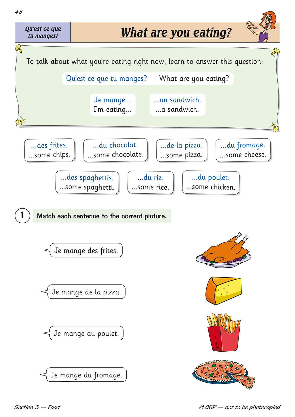 Children match four French food sentences to the correct cartoon pictures of chicken, cheese, chips and pizza