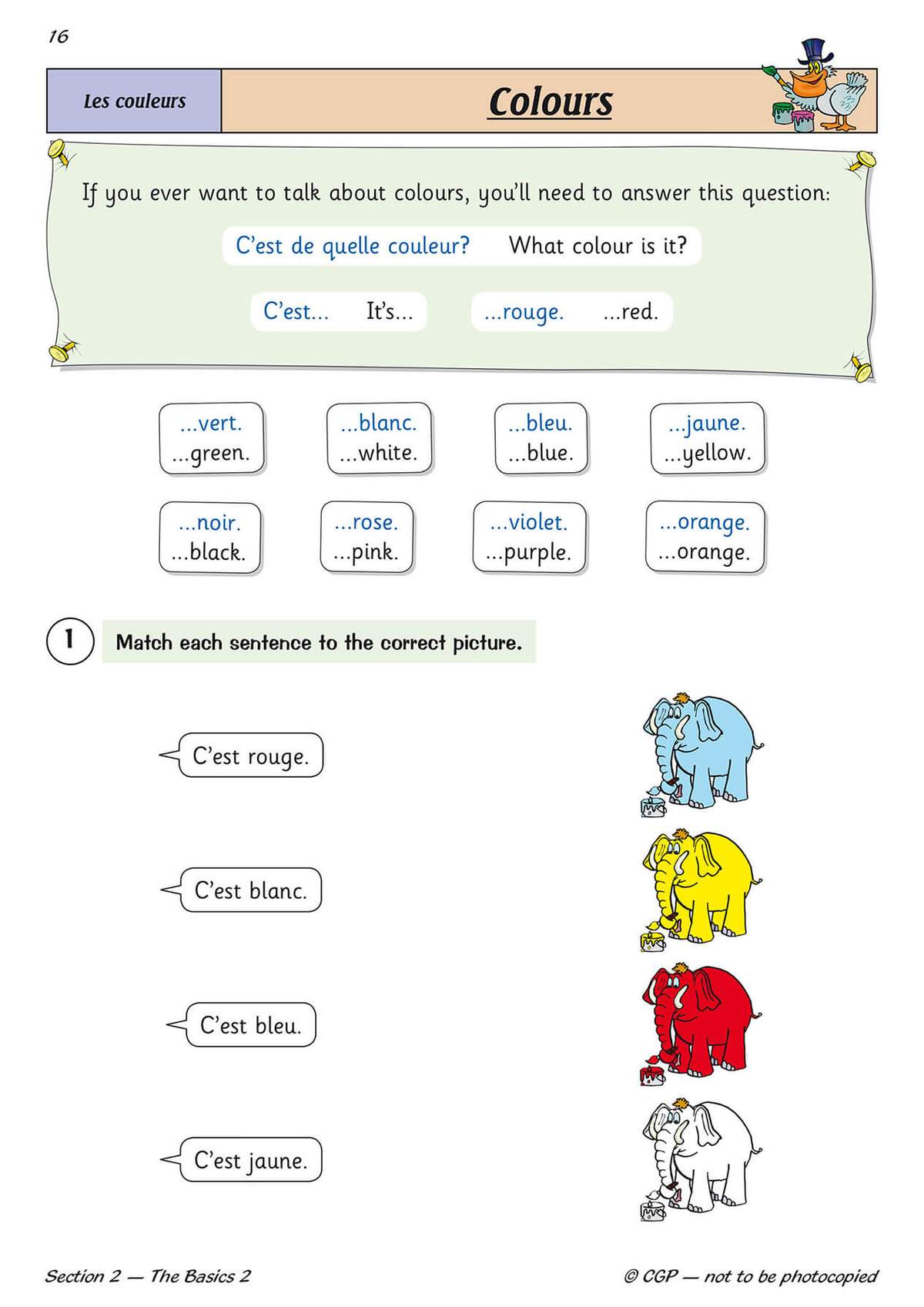 Children match French colour sentences to four cartoon elephants, then trace the French words to learn spelling