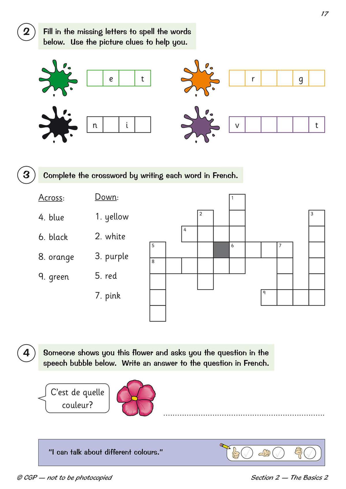 Children spell colour words using picture clues, complete a crossword in French