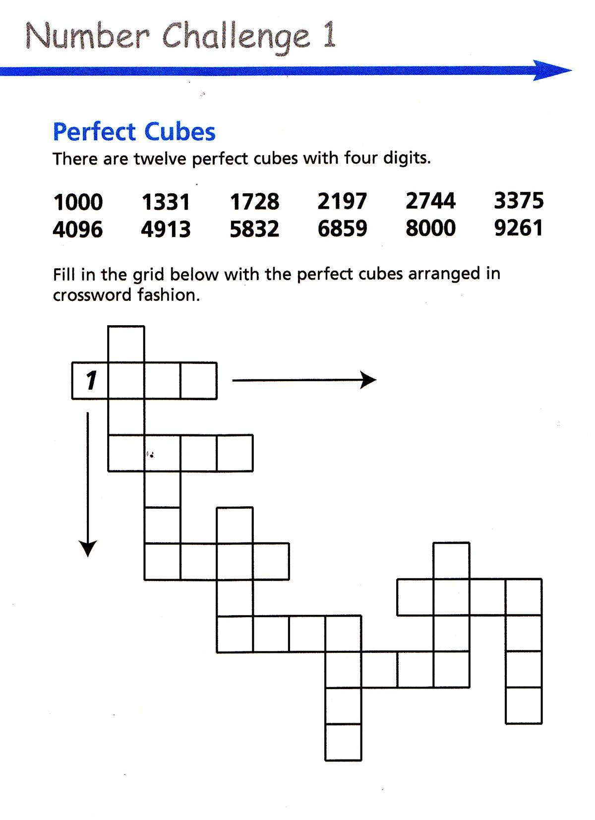 Children fill a crossword-style grid with twelve four-digit perfect cubes, testing their knowledge of number properties