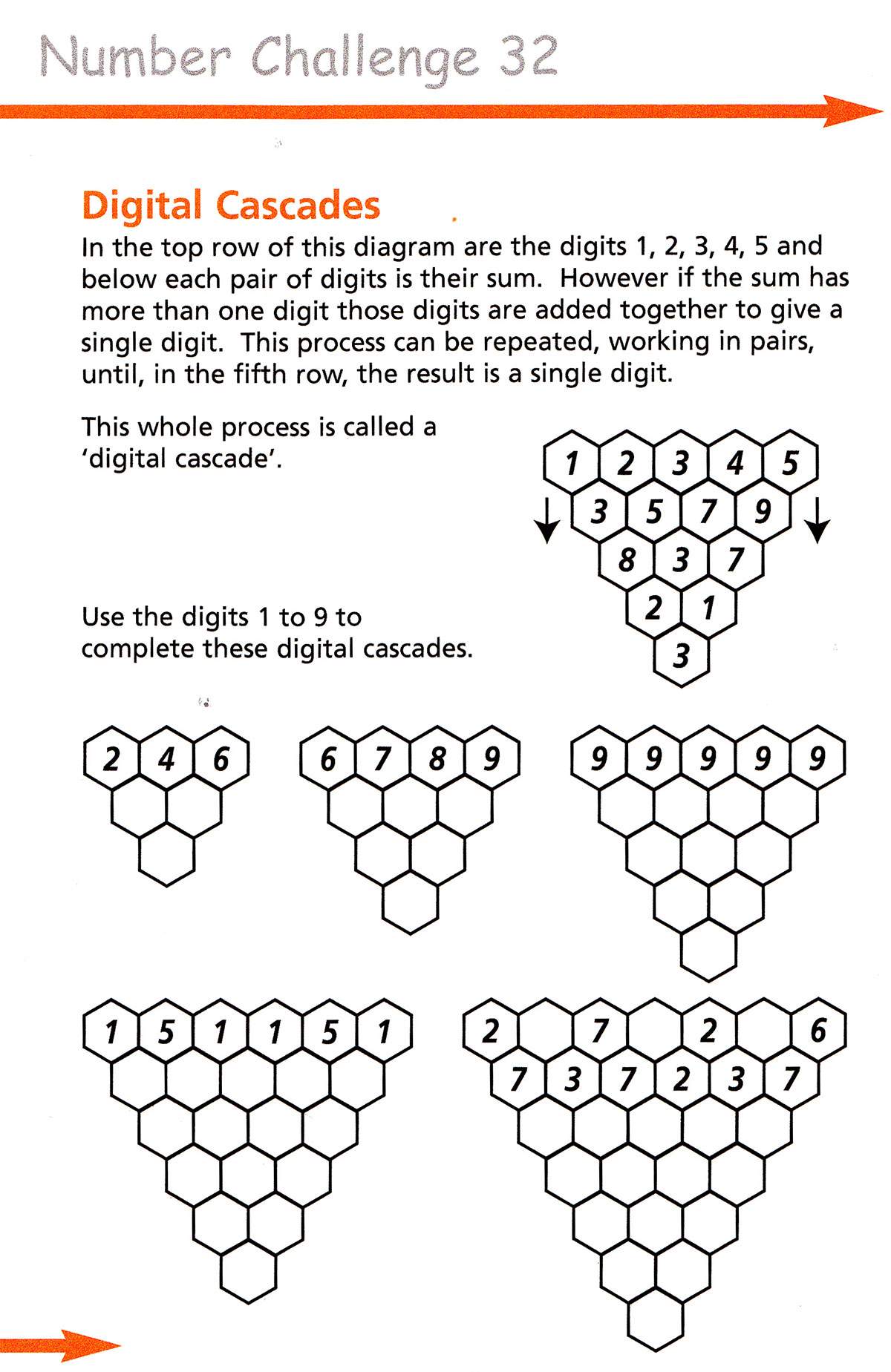Children complete five digital cascade diagrams by filling in missing digits using addition rules