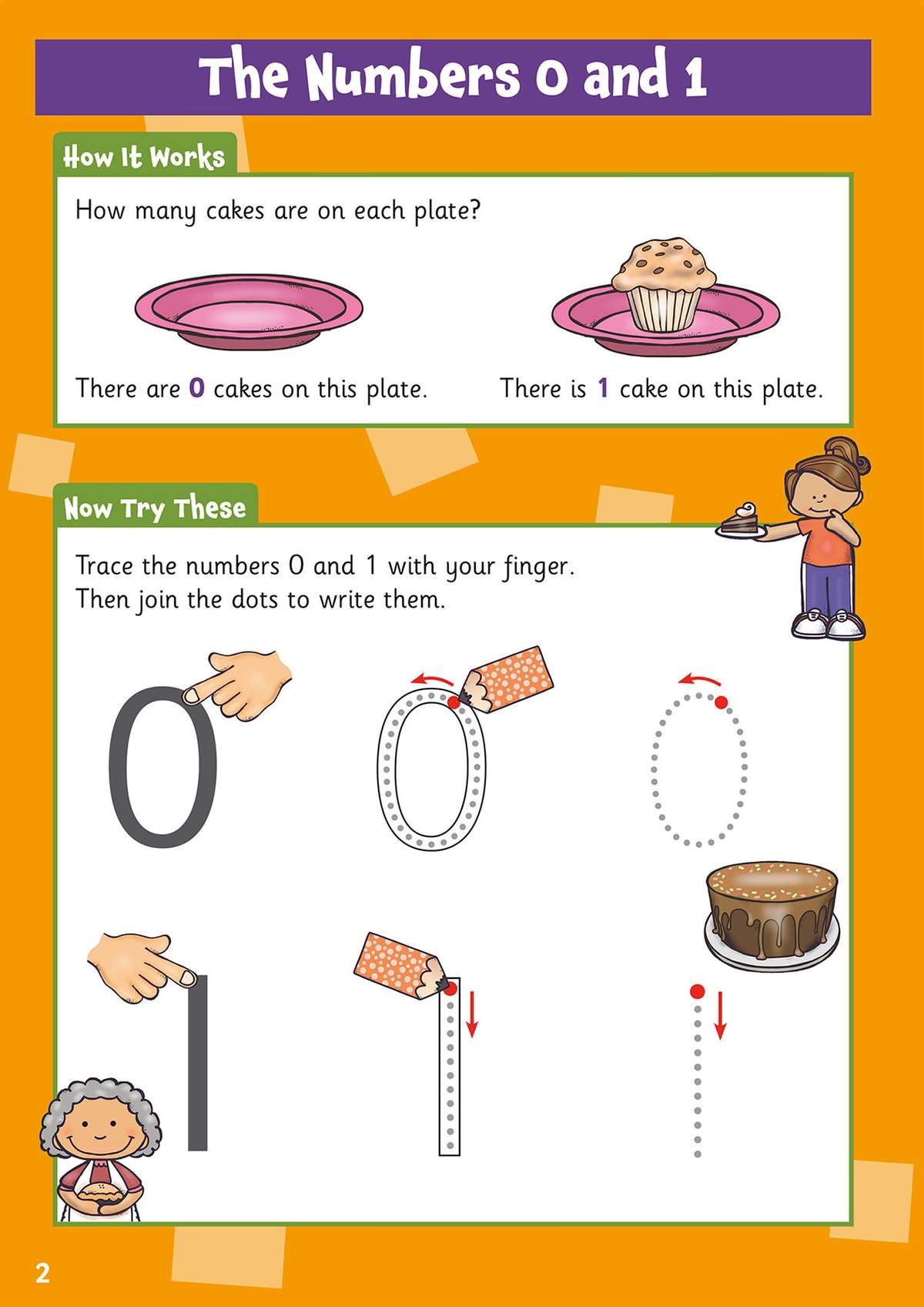Children count cakes to learn 0 and 1, then trace and join the dots to write the numbers
