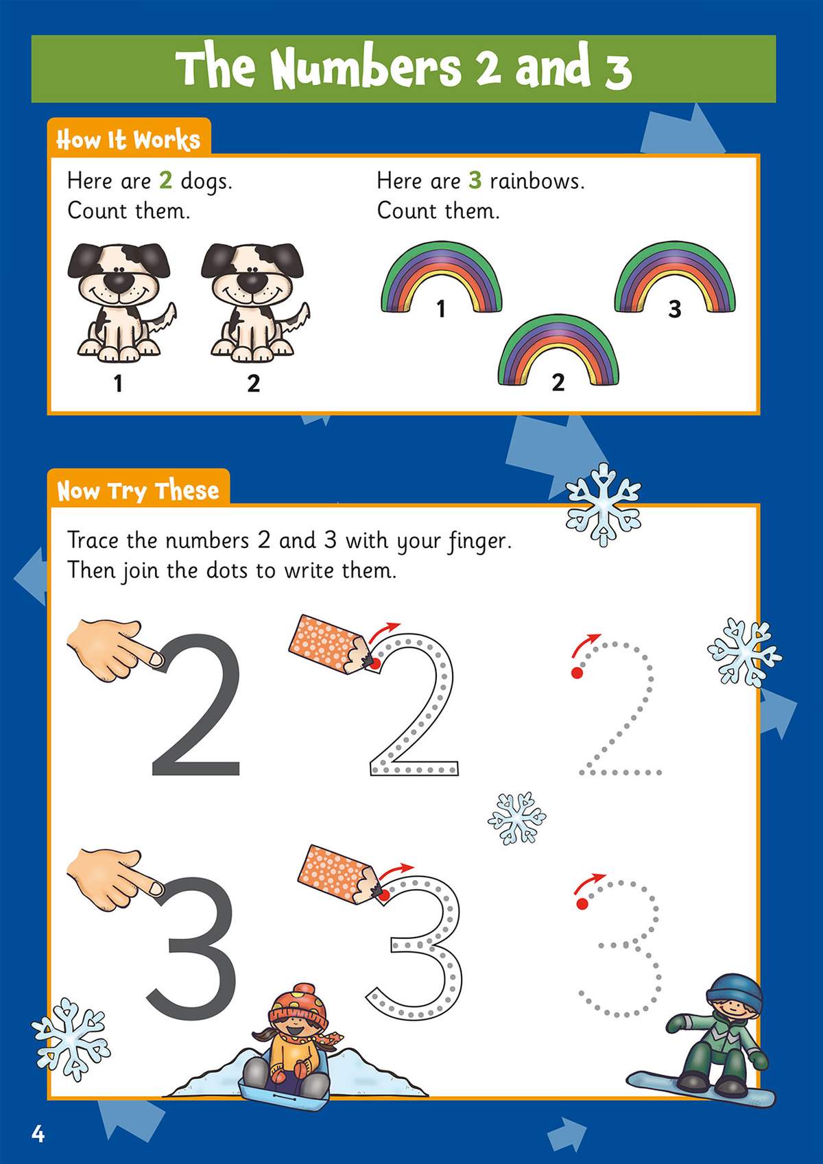 Children count dogs and rainbows, then trace and join the dots to write the numbers 2 and 3