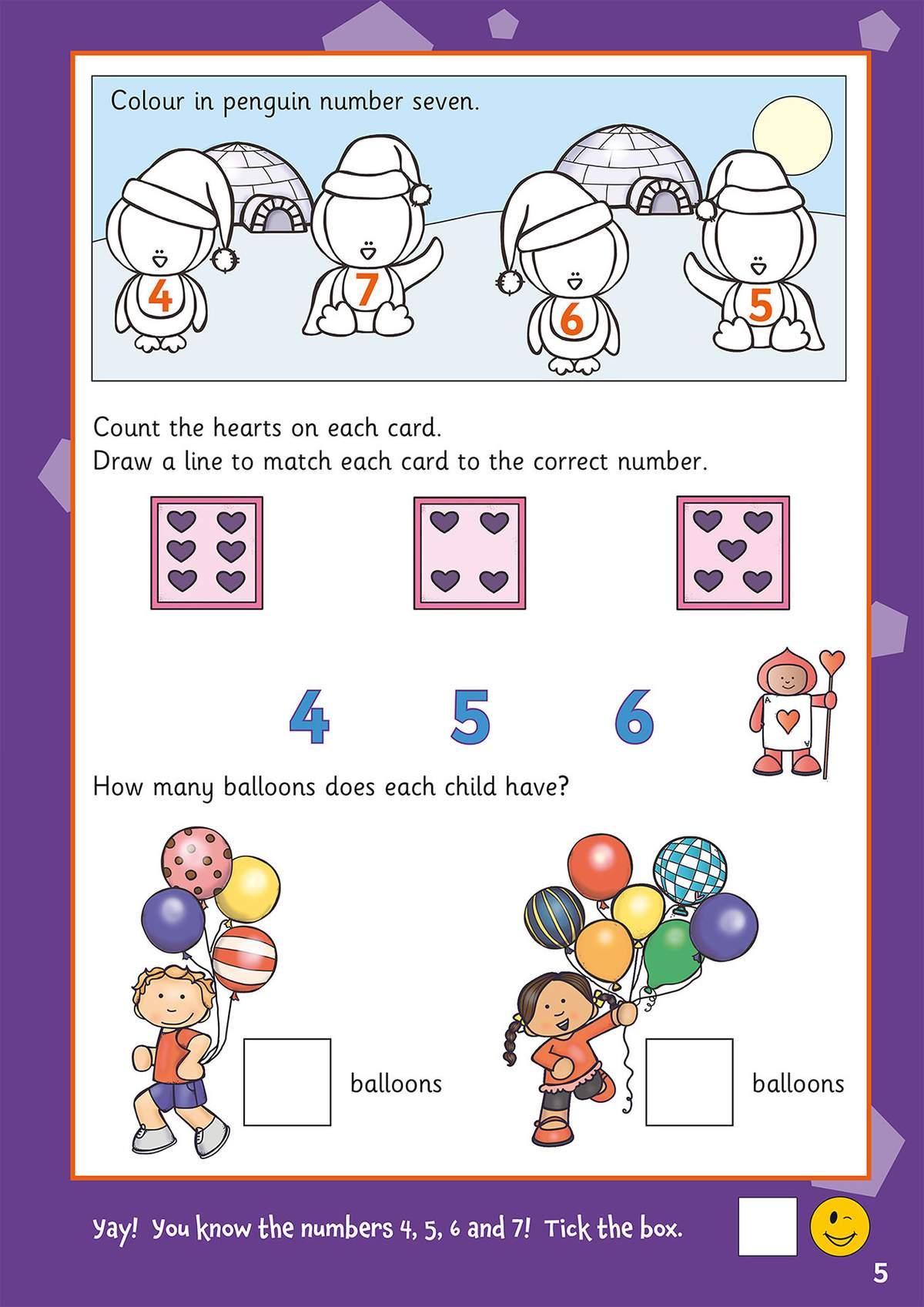Children colour a penguin with the number seven, count hearts on cards to match numbers, and count balloons held by children