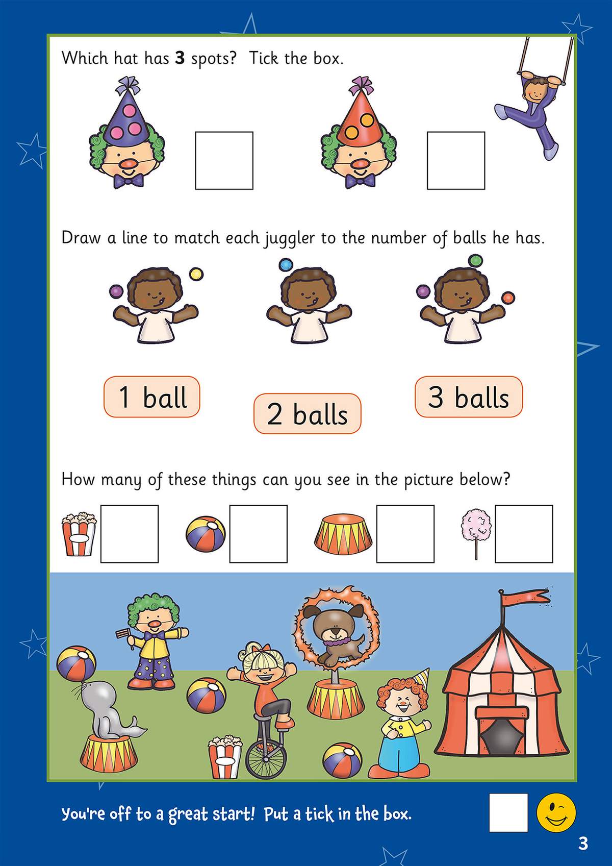 Children tick boxes to find the hat with three spots, match jugglers to ball counts, and count circus items in a scene