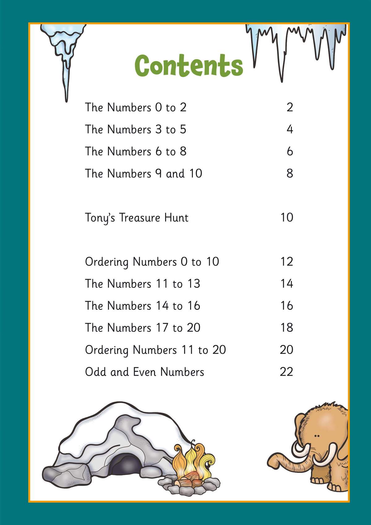 A contents page listing number learning sections from 0 to 20, with a prehistoric theme