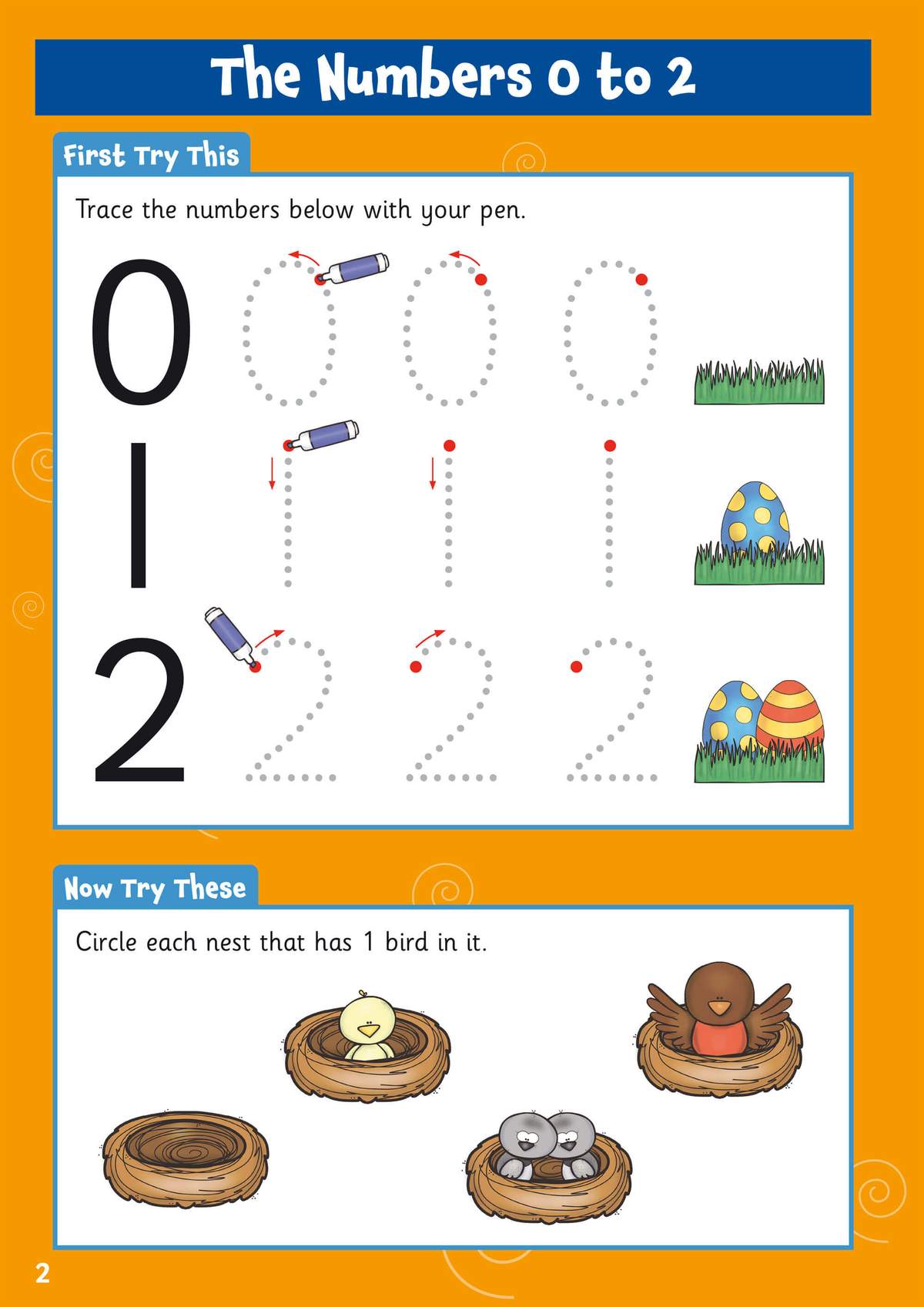 Children trace numbers 0, 1 and 2, then circle the nests containing exactly one bird