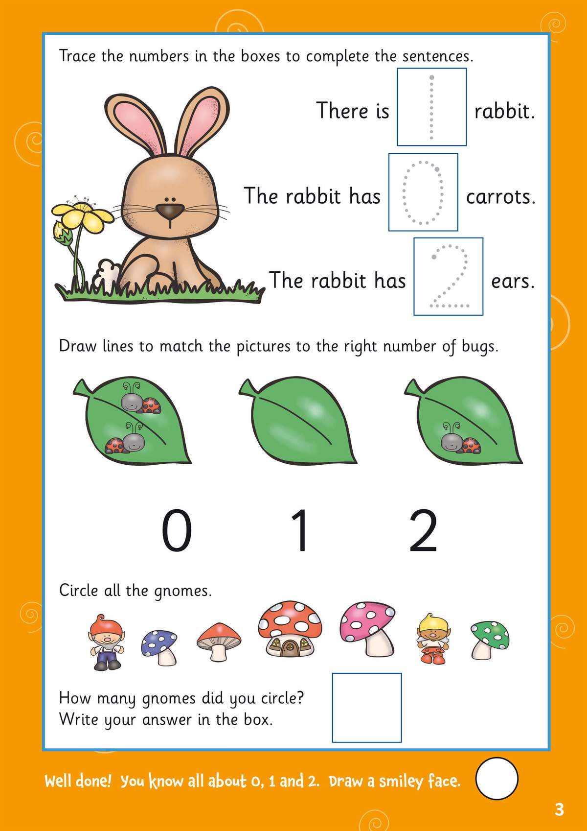 Children trace numbers to complete sentences, match leaves to bug counts, circle gnomes and write the total