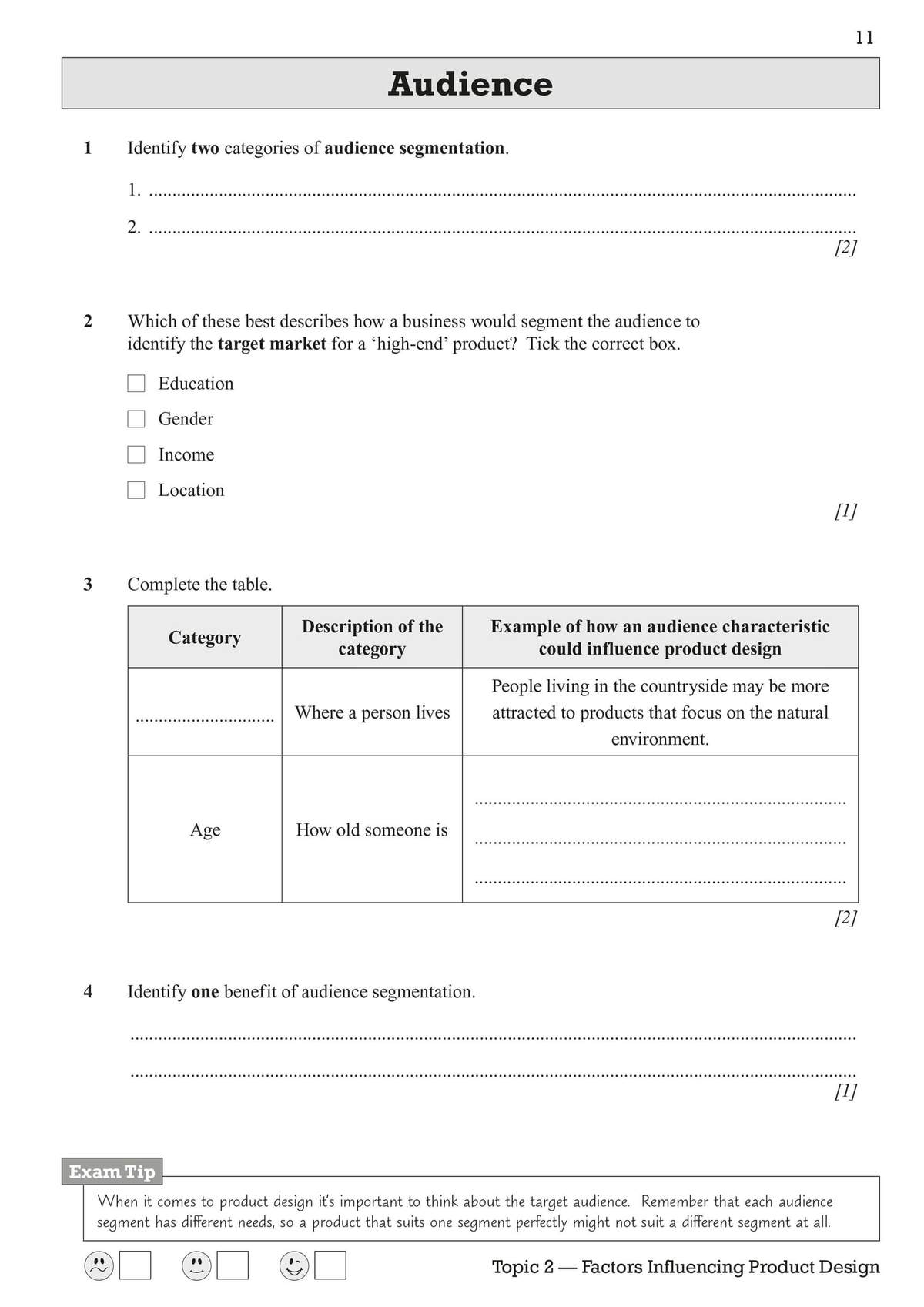 Students identify audience segmentation categories and complete a table on how characteristics influence product design