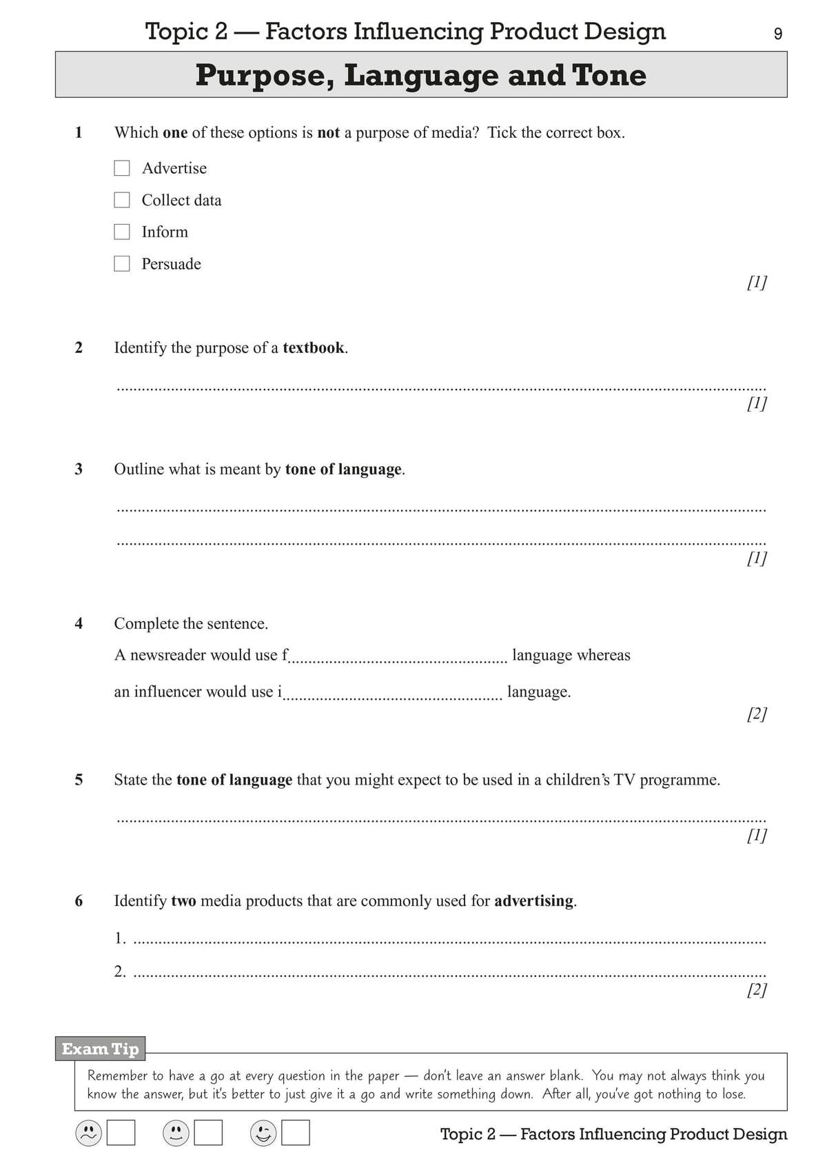Six questions on media purpose and tone, including multiple choice, sentence completion and short written answers
