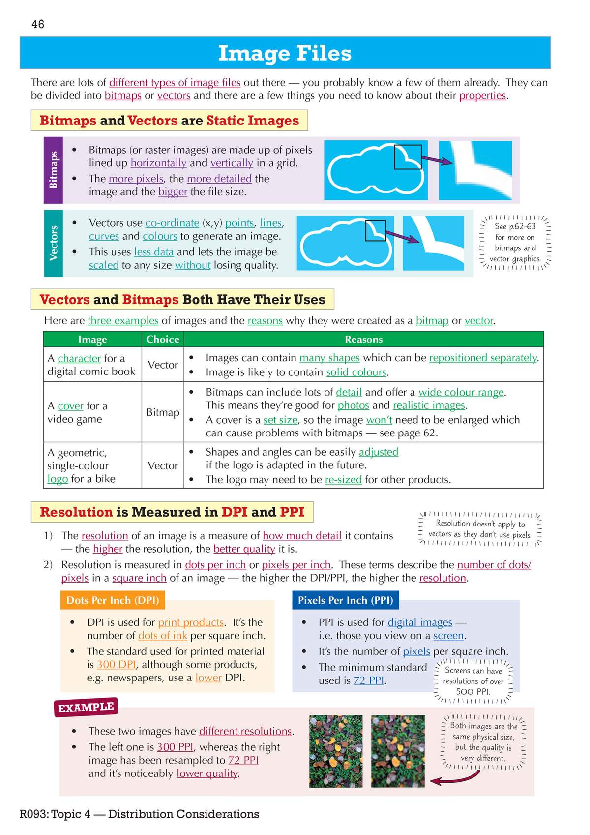 A revision page explaining the differences between bitmap and vector images, with diagrams and a table comparing their uses