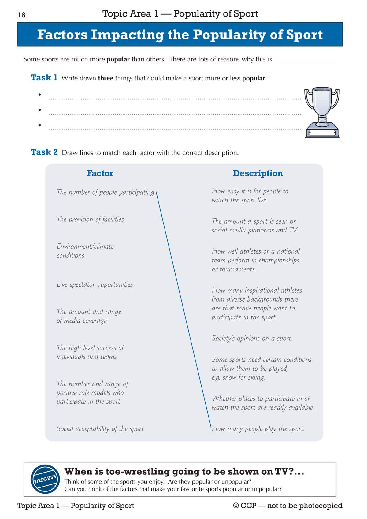 Students write three reasons for sport popularity and match factors to descriptions in a table