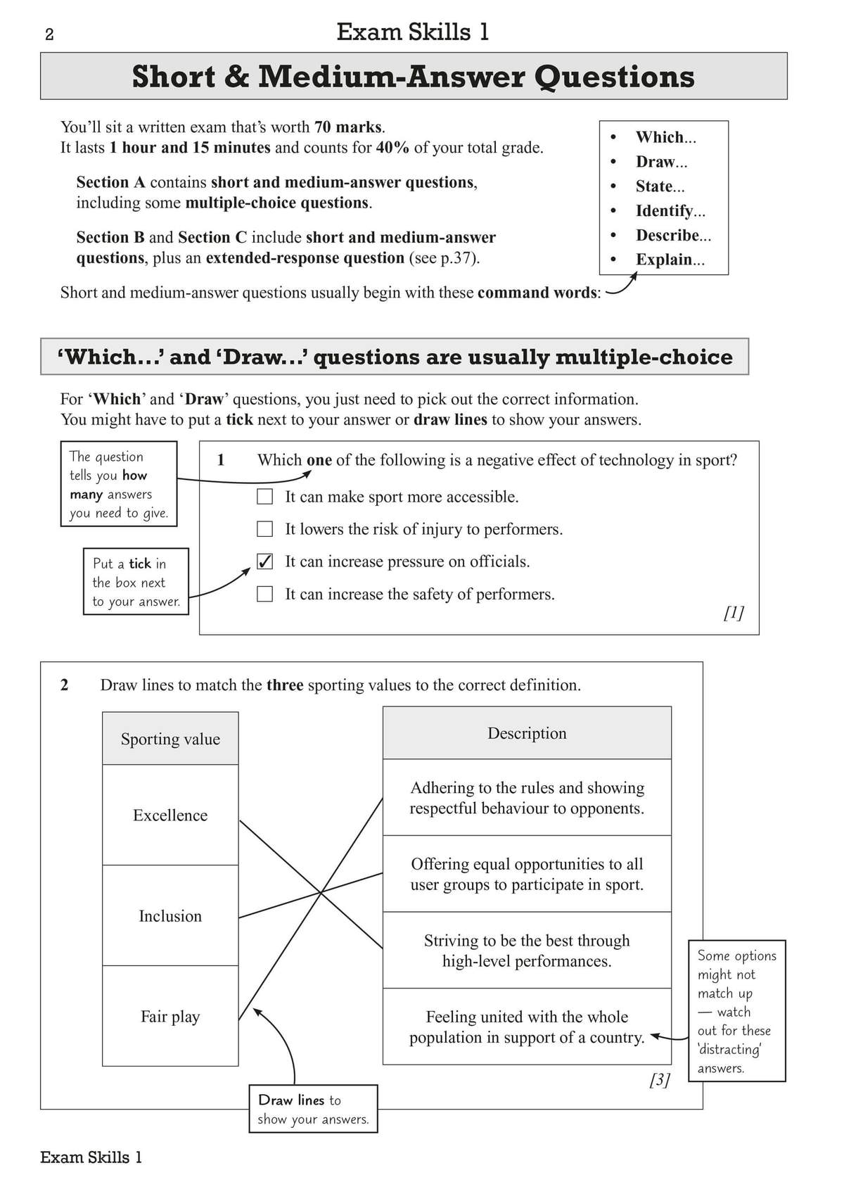 A page teaching how to answer short and medium-answer questions, including a multiple-choice task on technology in sport