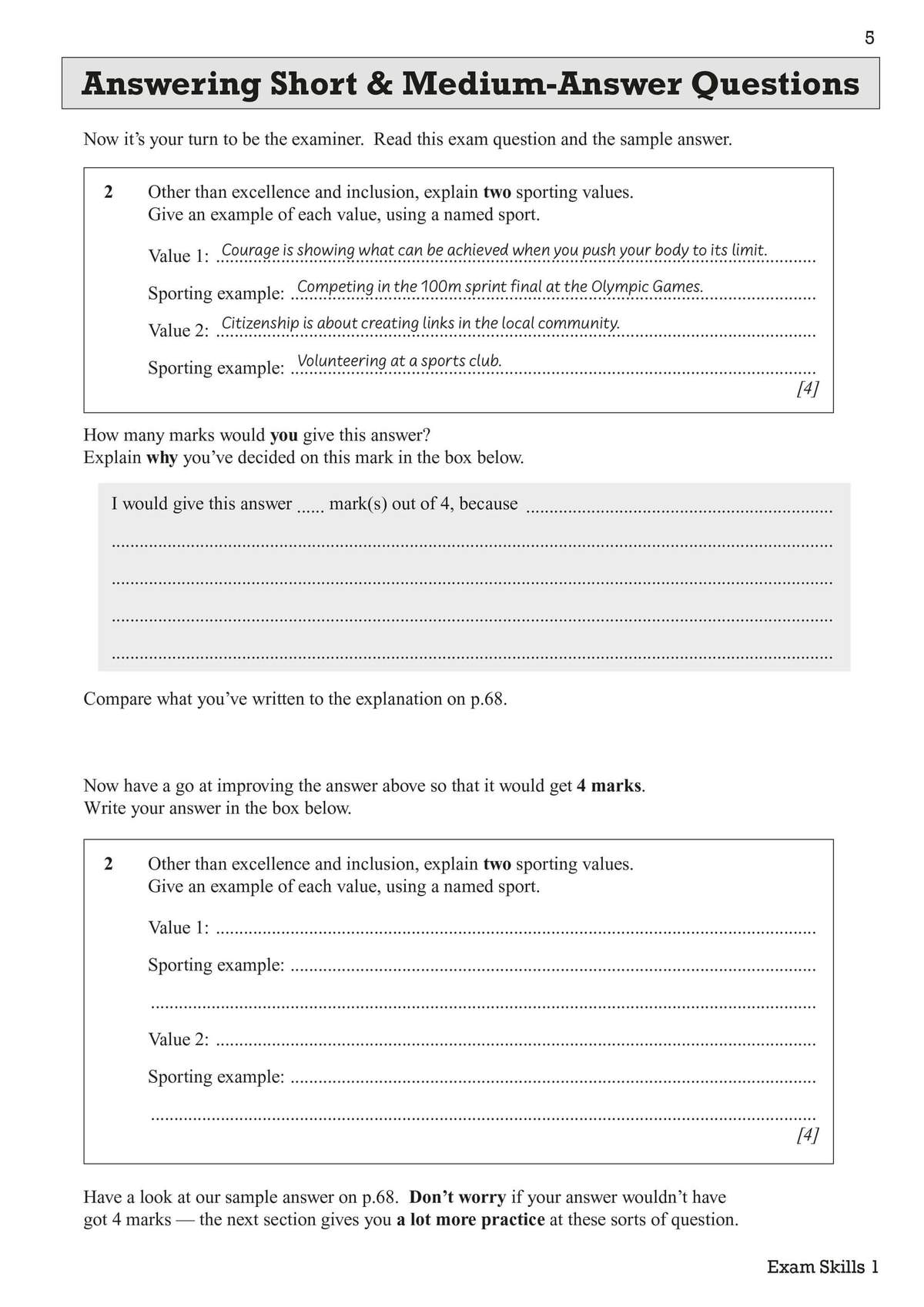 Students mark a sample answer and then rewrite it to secure full marks, practising exam technique for short questions