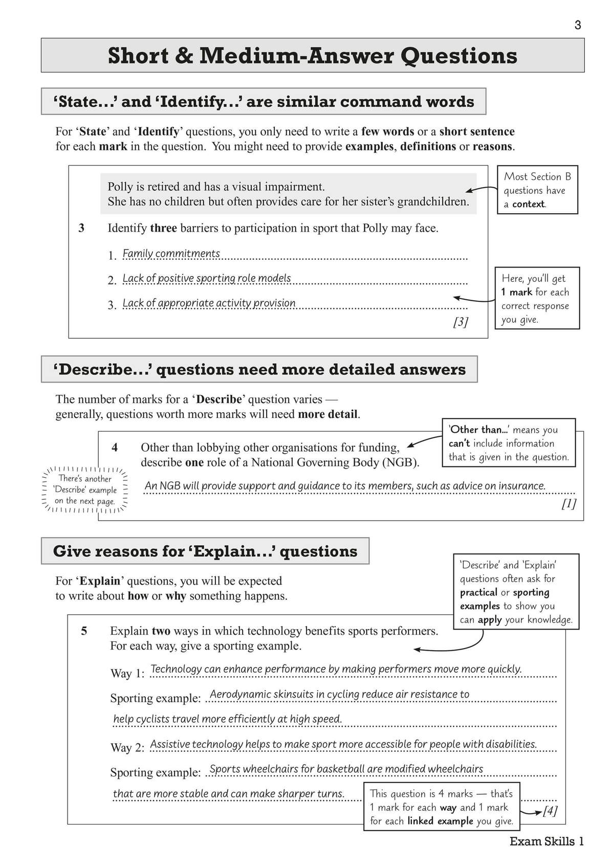 This page explains how to answer 'State', 'Identify', 'Describe' and 'Explain' questions