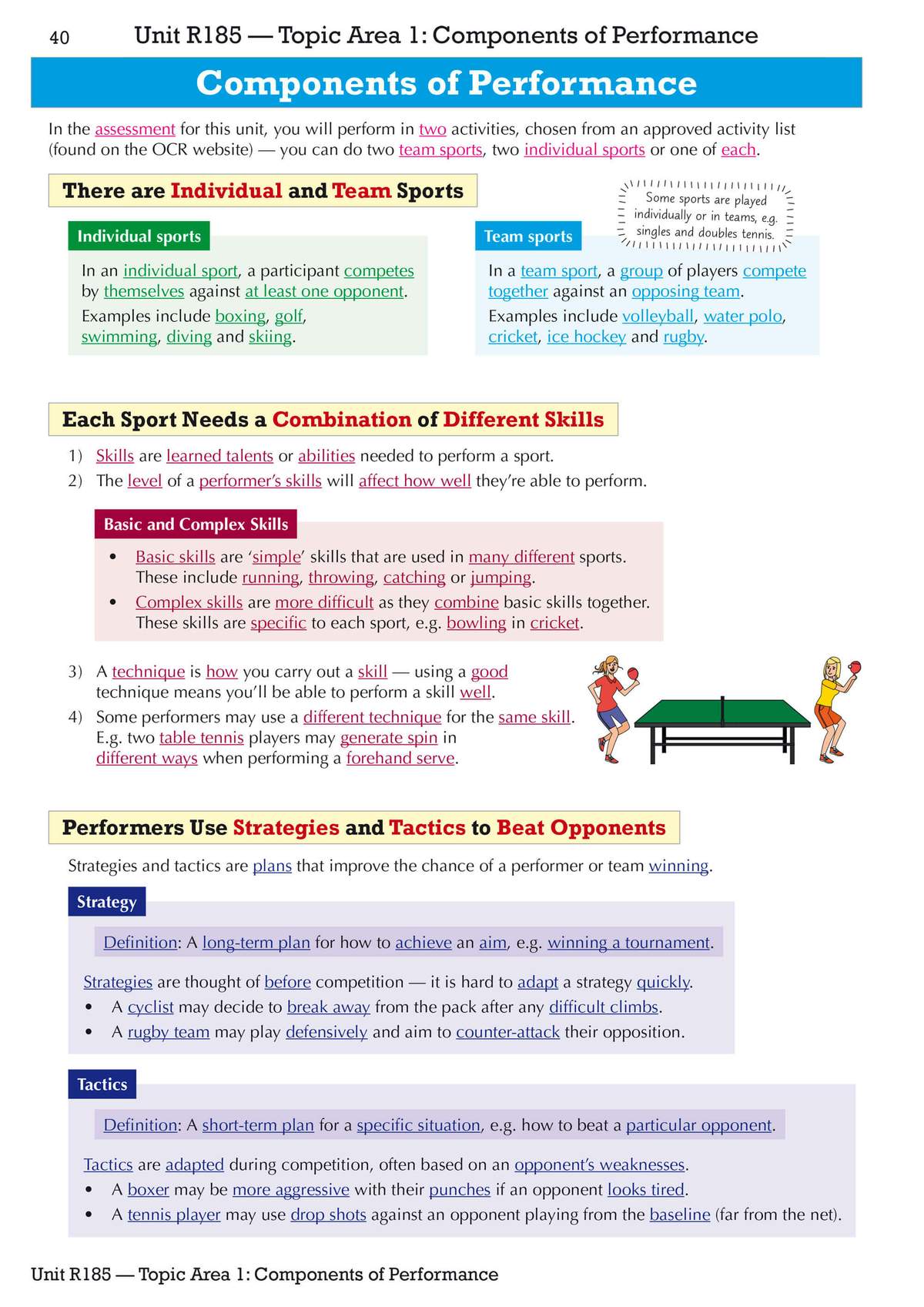 Clear notes on individual and team sports, with definitions of strategy and tactics and examples from boxing and tennis