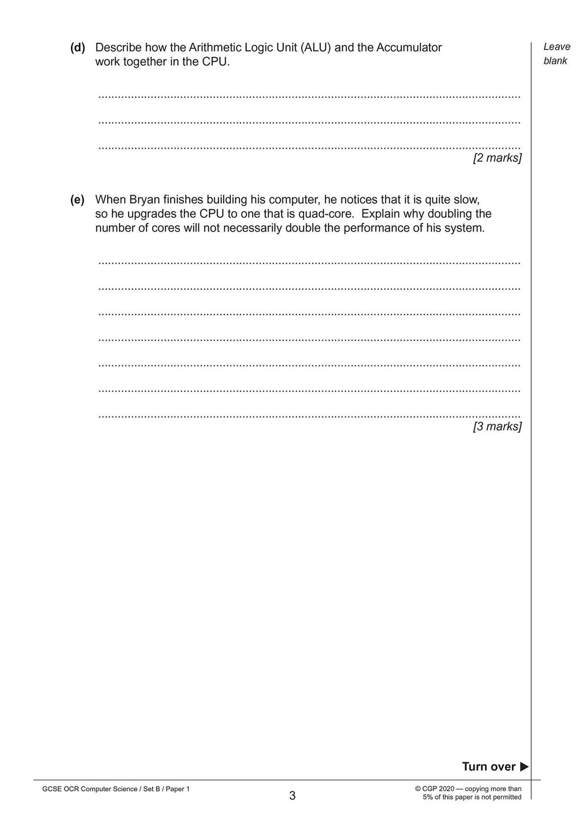 Two short-answer questions on CPU components and performance, requiring written explanations for marks