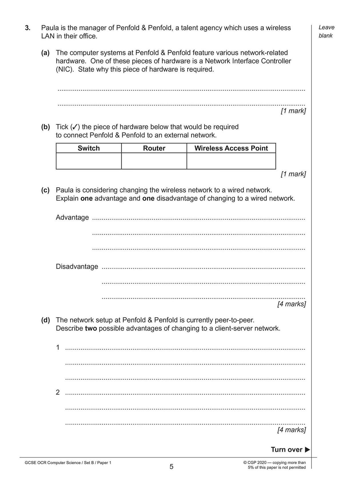 Four questions on network hardware and types, including a tick box and short written answers