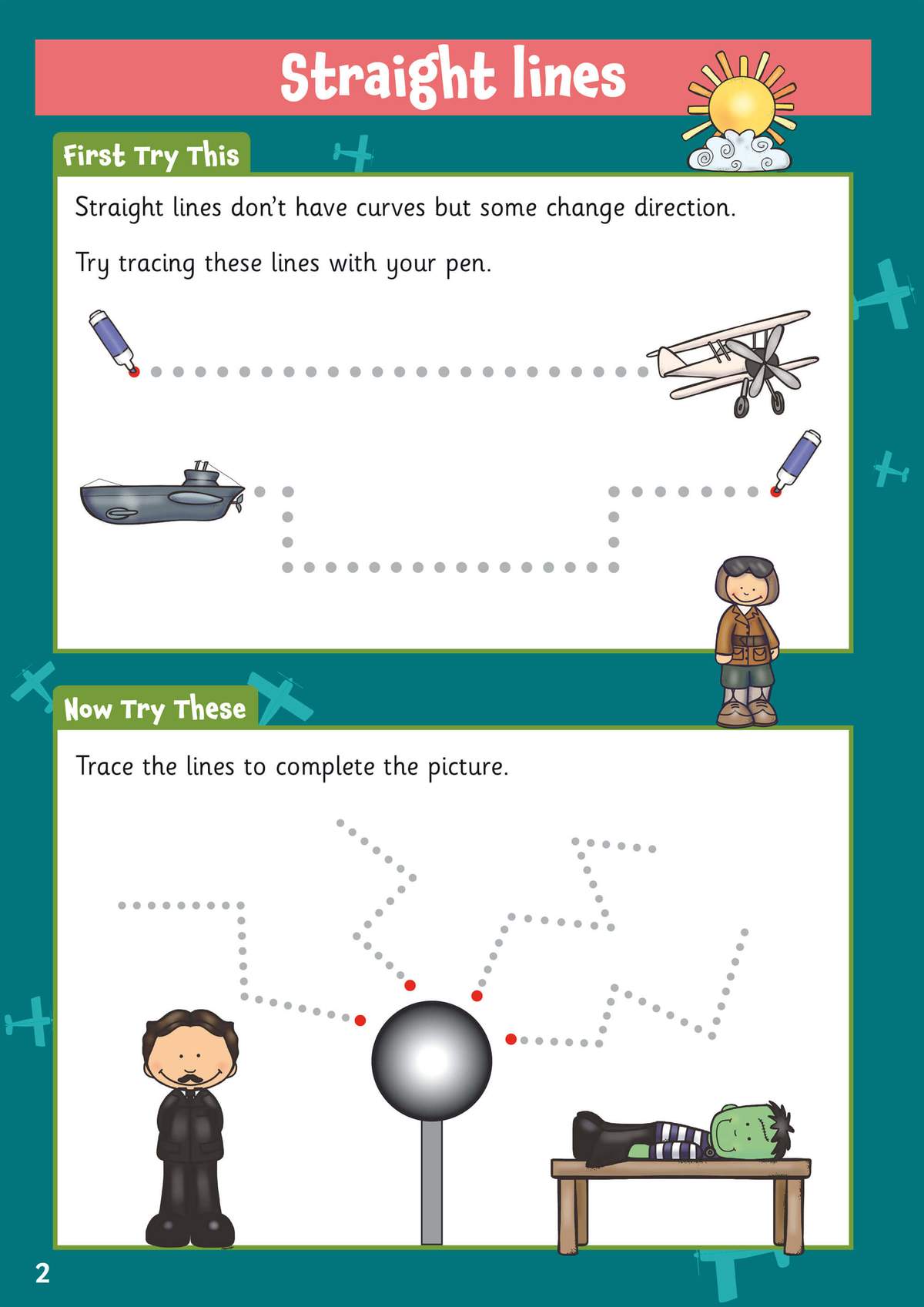 Children trace dotted lines to connect pictures of planes and submarines, then complete a Frankenstein scene