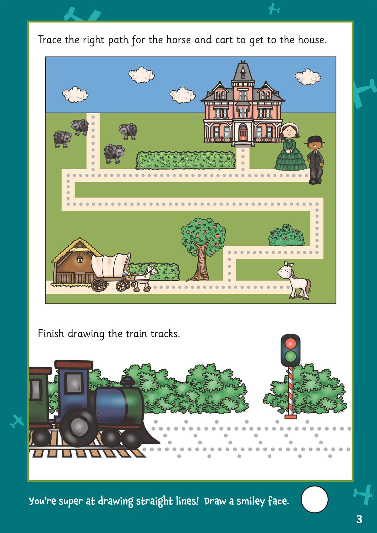 Children trace a dotted path for a horse and cart, then draw train tracks and a smiley face to celebrate