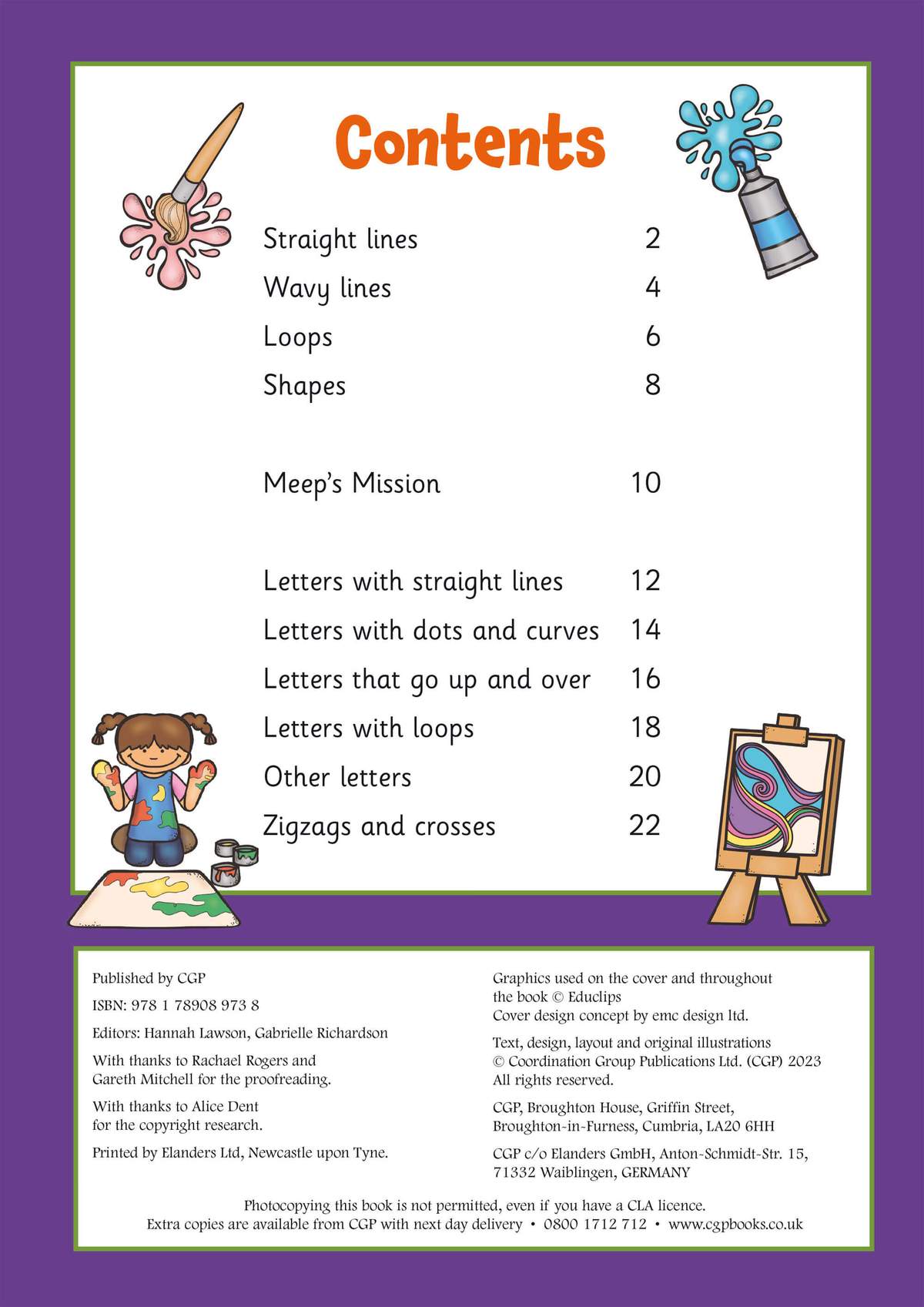 A contents page listing line types and letter shapes with page numbers, surrounded by art-themed illustrations