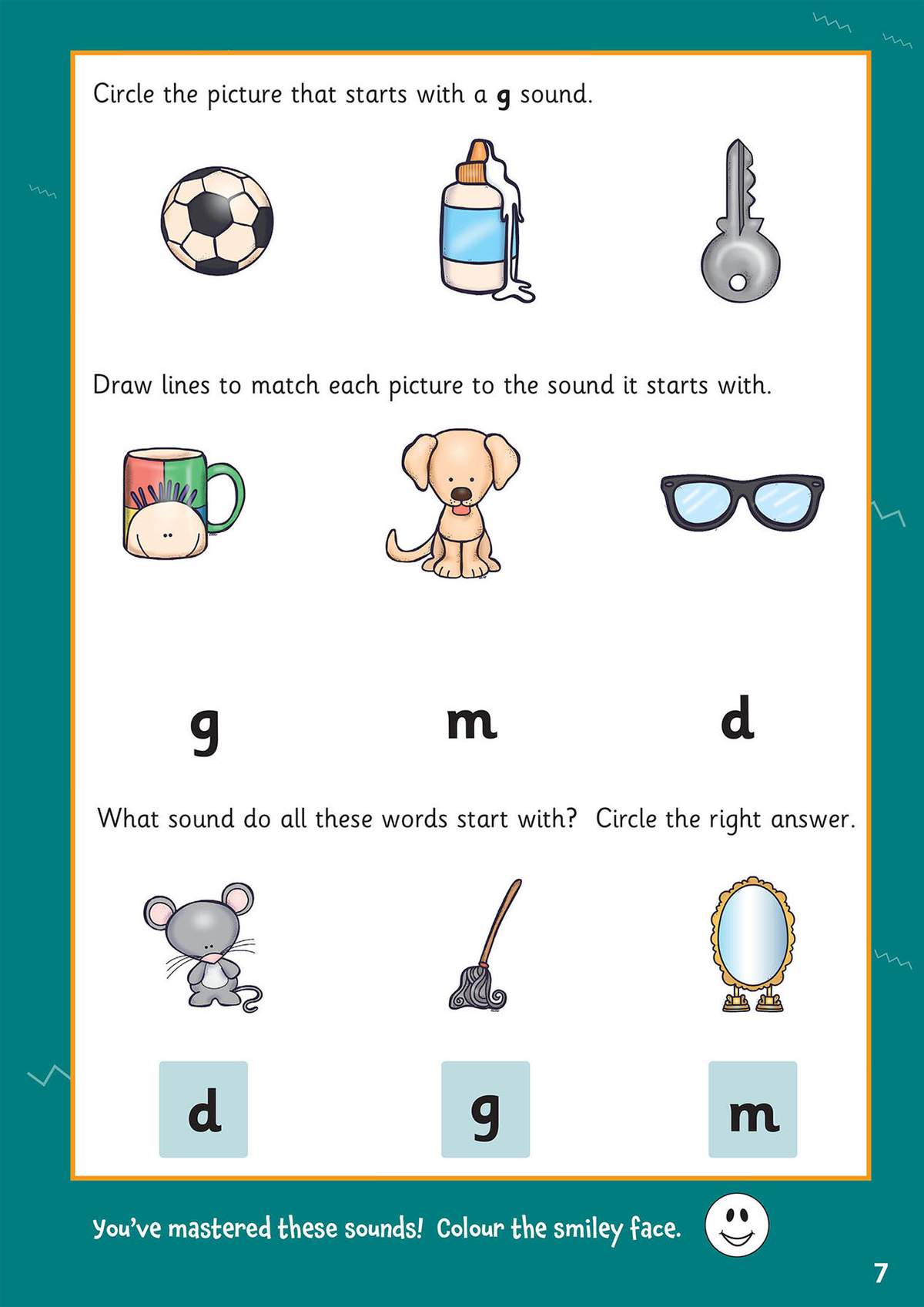 Children circle pictures starting with 'g', match images to letters, and colour a smiley face to celebrate