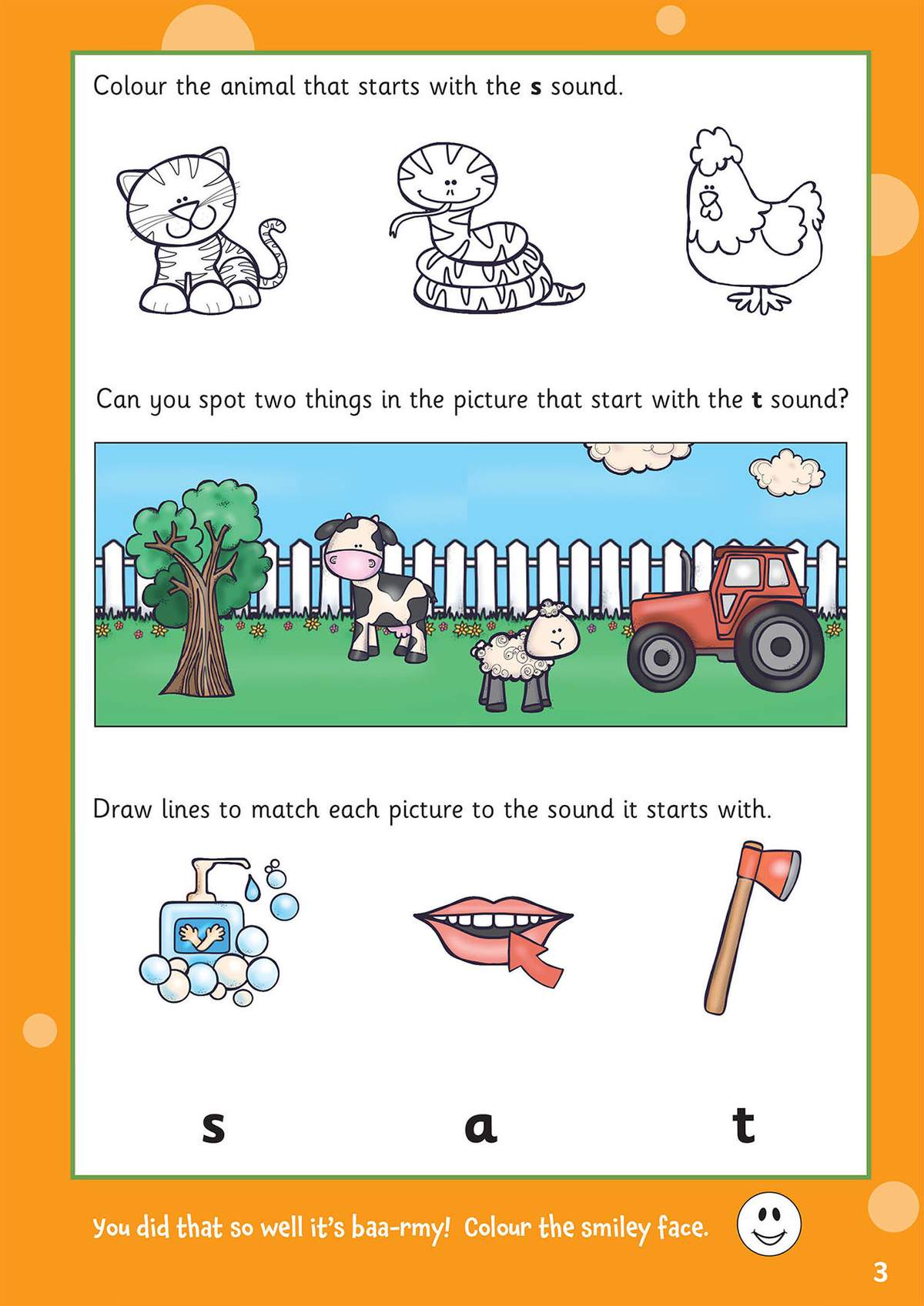 Children colour an animal starting with 's', spot 't' items in a farm scene, match pictures to sounds