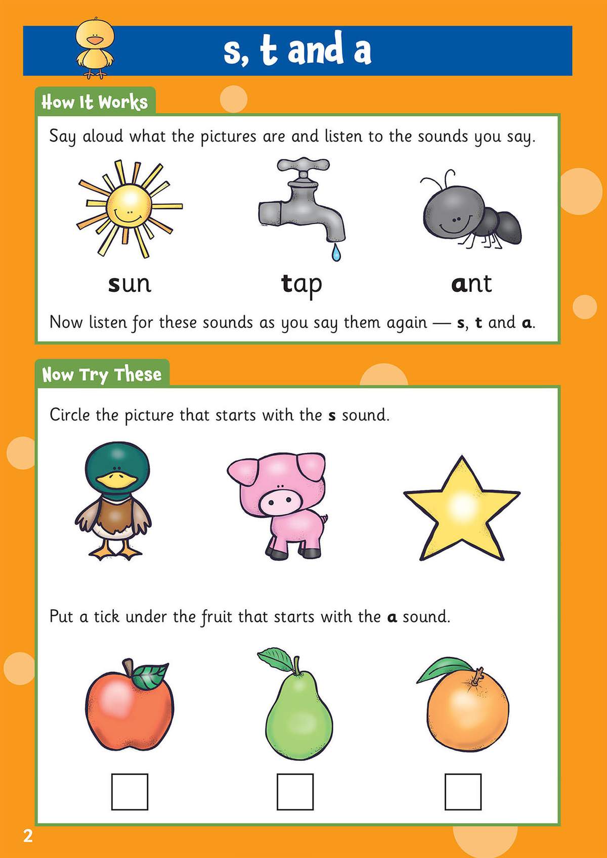 Children identify words starting with s, t and a sounds, then circle and tick pictures to match the sounds