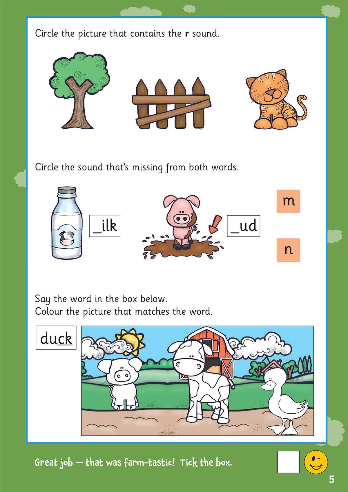Children circle pictures with the r sound, fill in missing sounds, colour the matching farm animal, and tick a box to finish