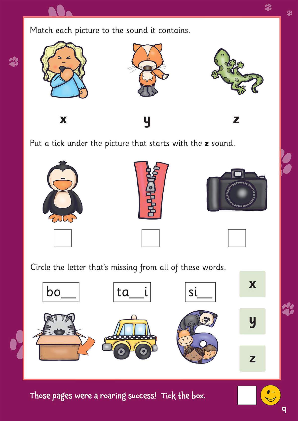 Children match pictures to x, y, z sounds, tick the z sound, and circle missing letters in words like box and taxi