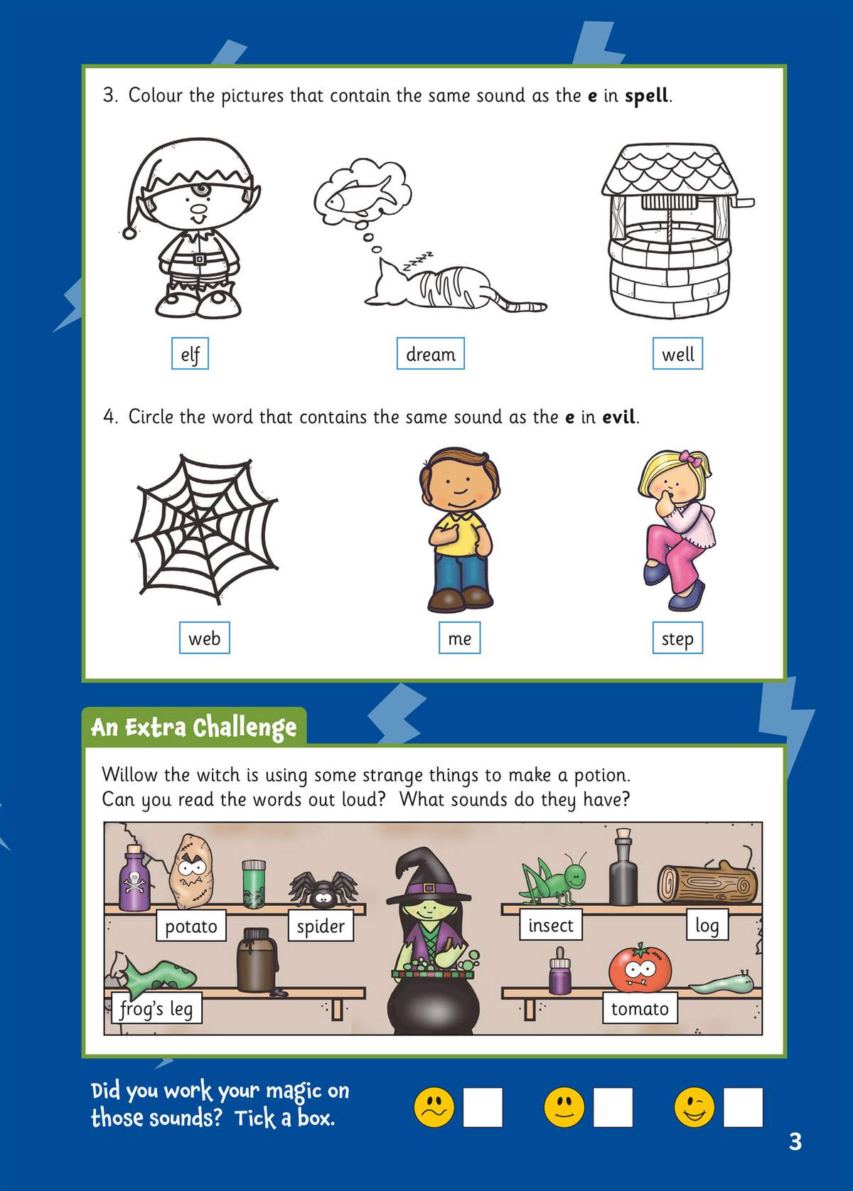 Children colour pictures with the 'e' sound, circle matching words, and read a short story about a witch to identify sounds