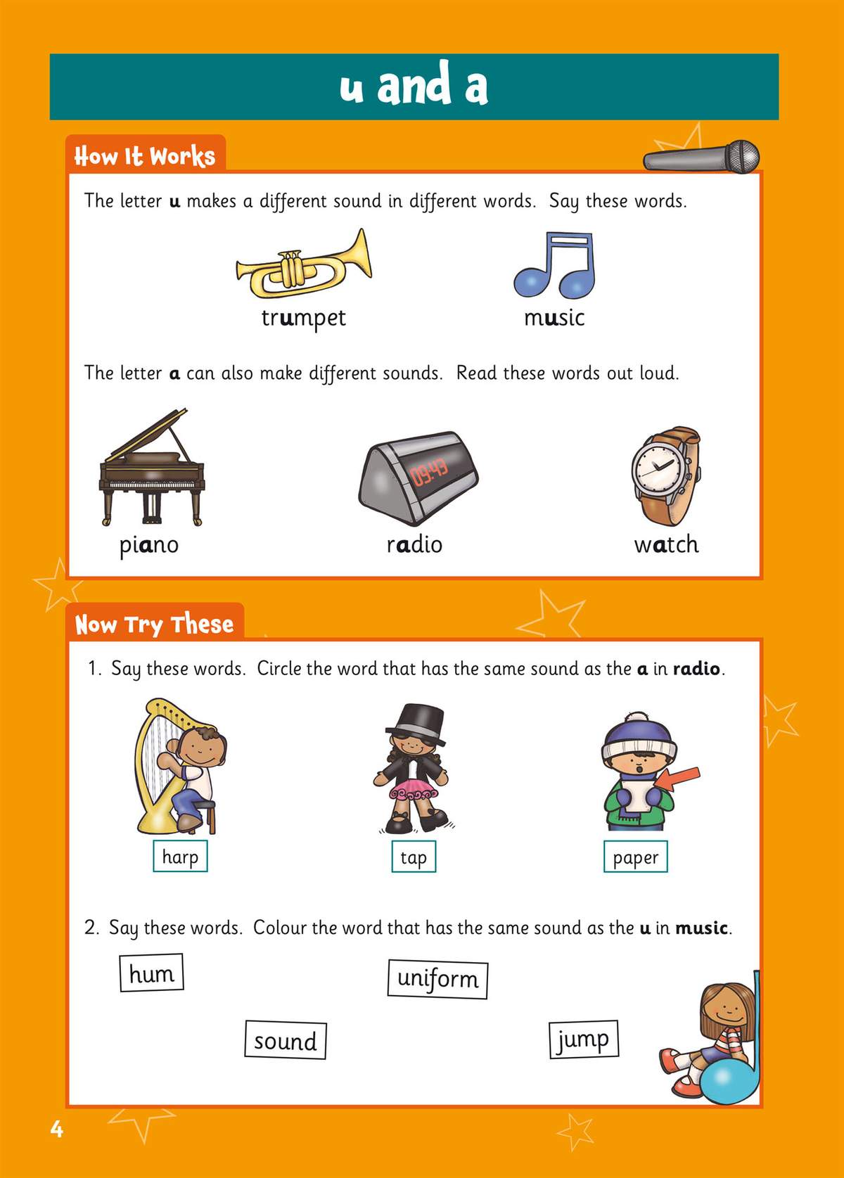 Children circle words with the 'a' sound and colour words with the 'u' sound, practising phonics with musical themes